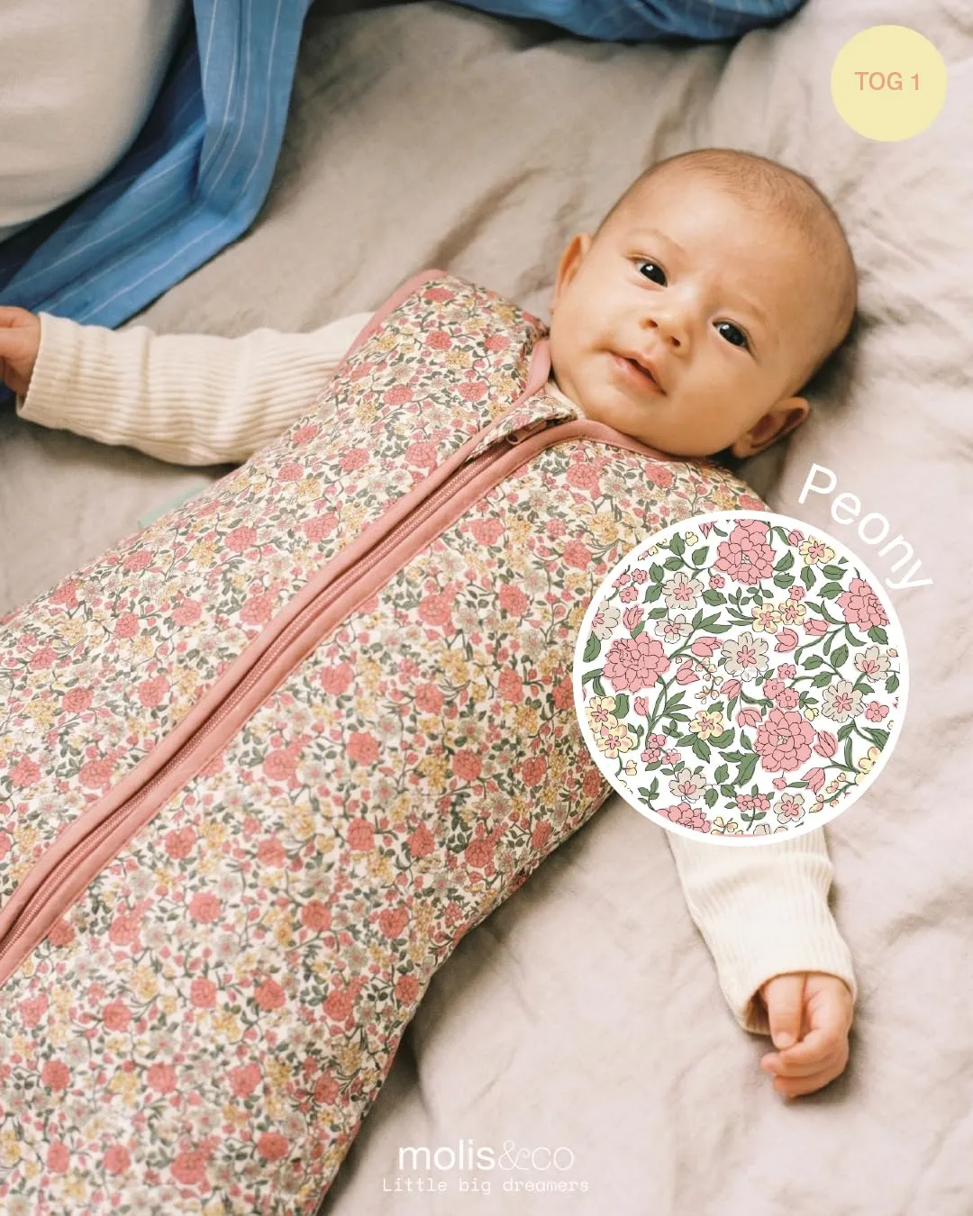 molis & co Sacco Nanna 1 TOG per Neonato 0 mesi, 100% Cotone Oeko-Tex, Peony - immagine 4