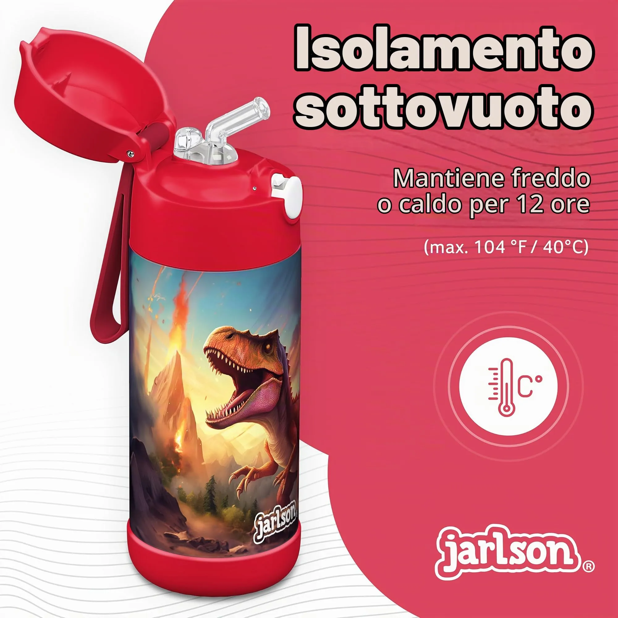 Jarlson Borraccia Termica Bambini Charli 350ml con Cannuccia in Acciaio Inox (Dinosauro 2.0) - immagine 2