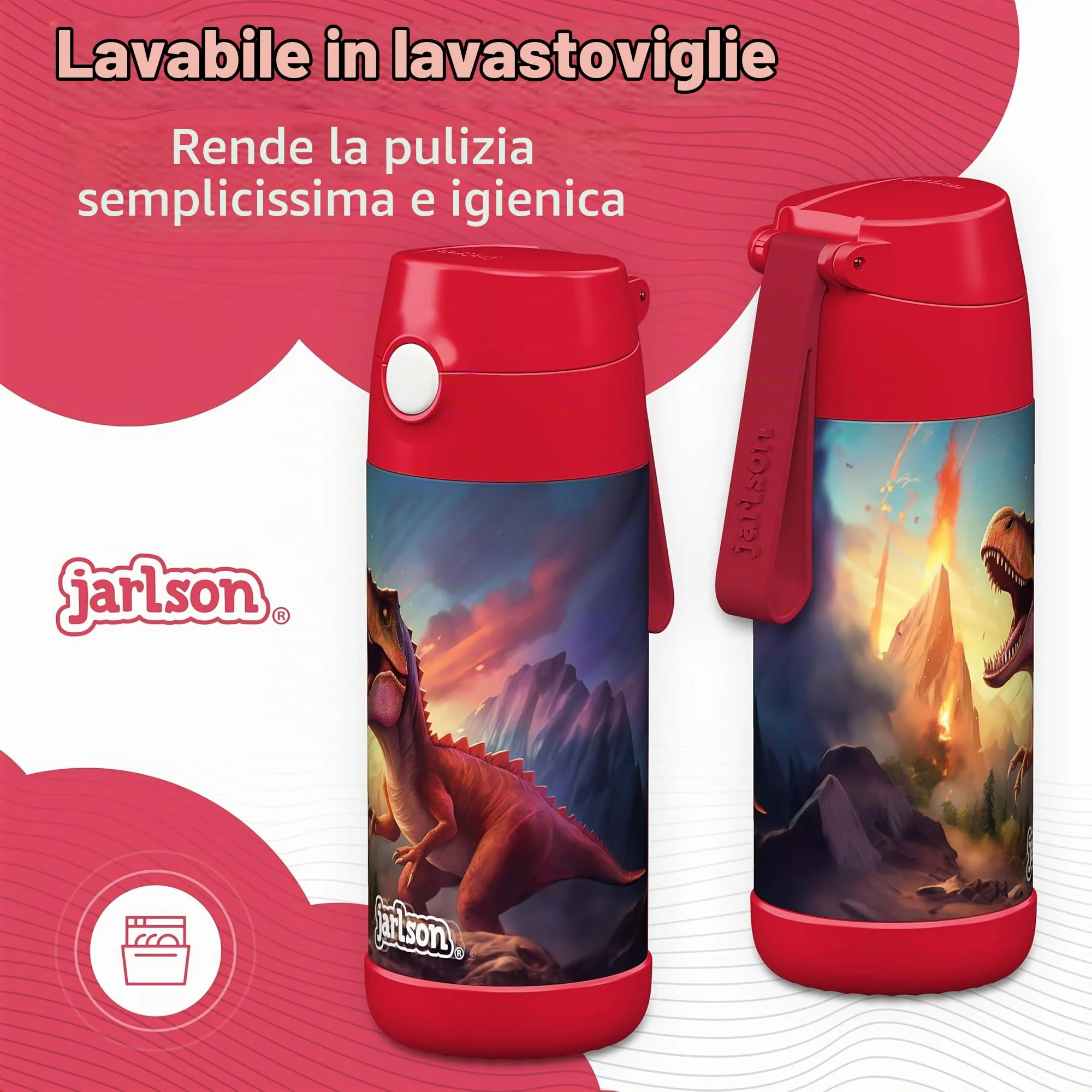 Jarlson Borraccia Termica Bambini Charli 350ml con Cannuccia in Acciaio Inox (Dinosauro 2.0) - immagine 3