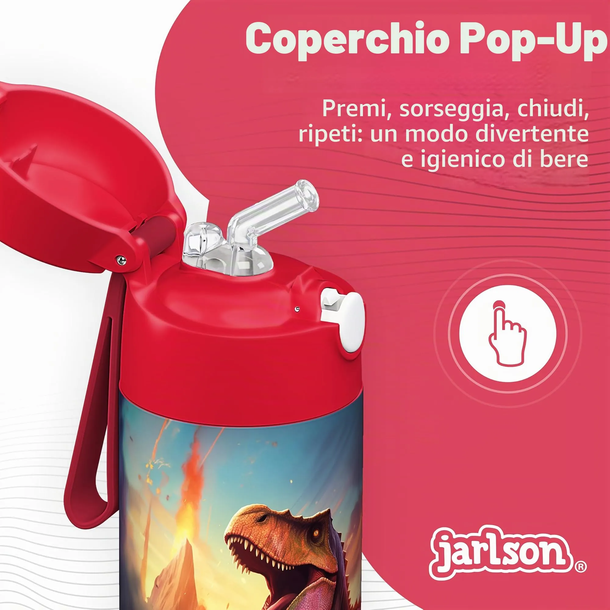 Jarlson Borraccia Termica Bambini Charli 350ml con Cannuccia in Acciaio Inox (Dinosauro 2.0) - immagine 4