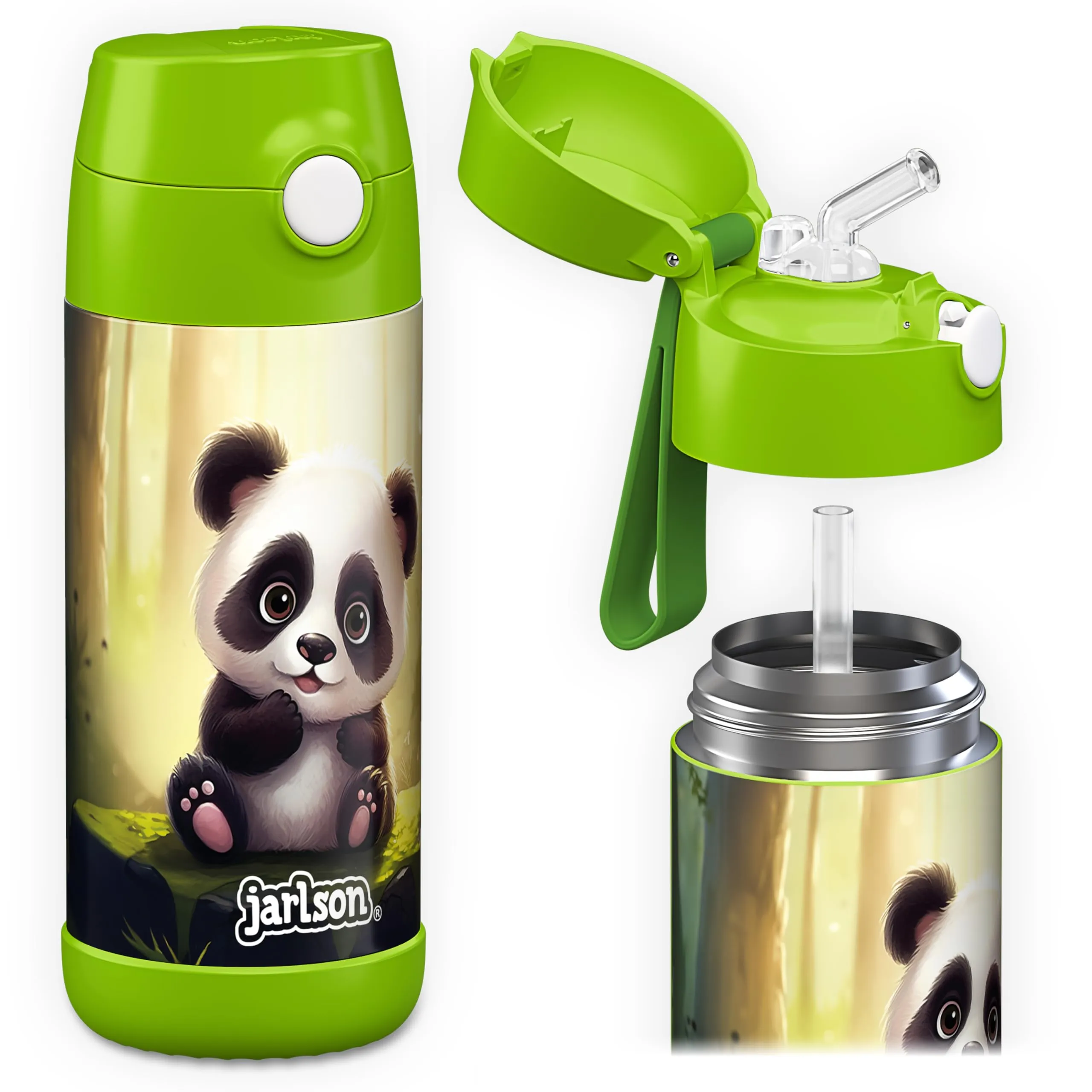 Jarlson Borraccia Termica Bambini Charli 350ml con Cannuccia - Acciaio Inox - Panda - immagine 1