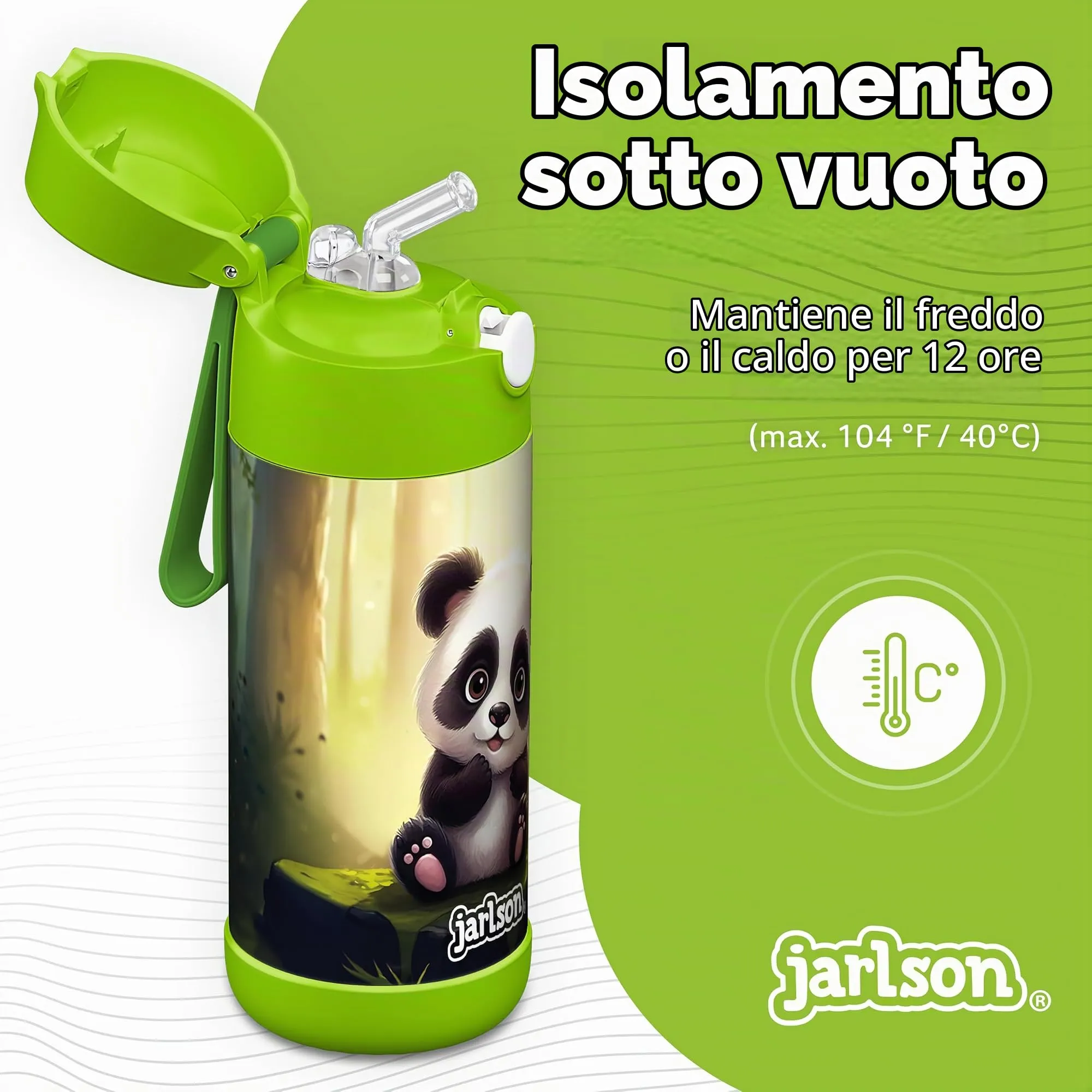 Jarlson Borraccia Termica Bambini Charli 350ml con Cannuccia - Acciaio Inox - Panda - immagine 2