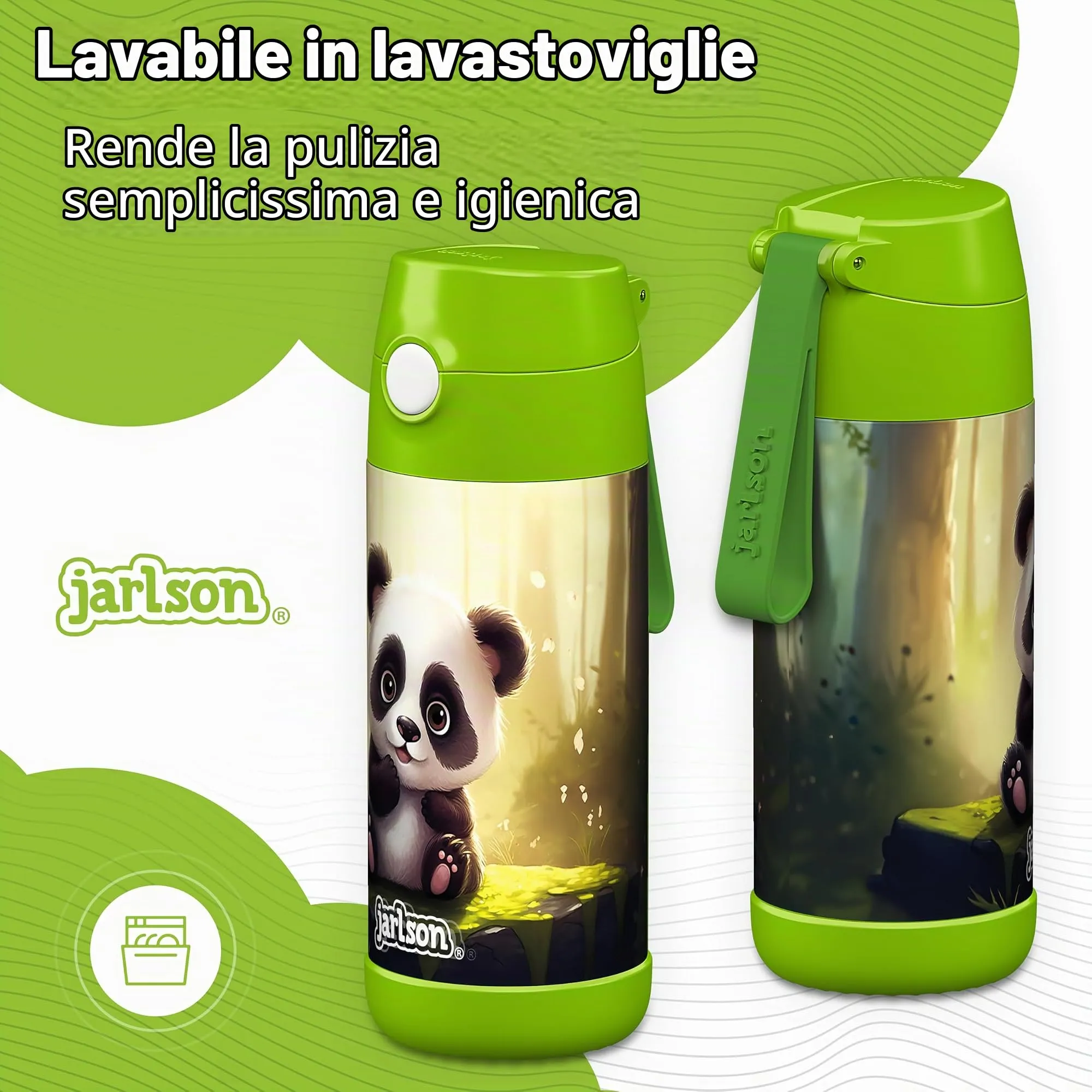 Jarlson Borraccia Termica Bambini Charli 350ml con Cannuccia - Acciaio Inox - Panda - immagine 3