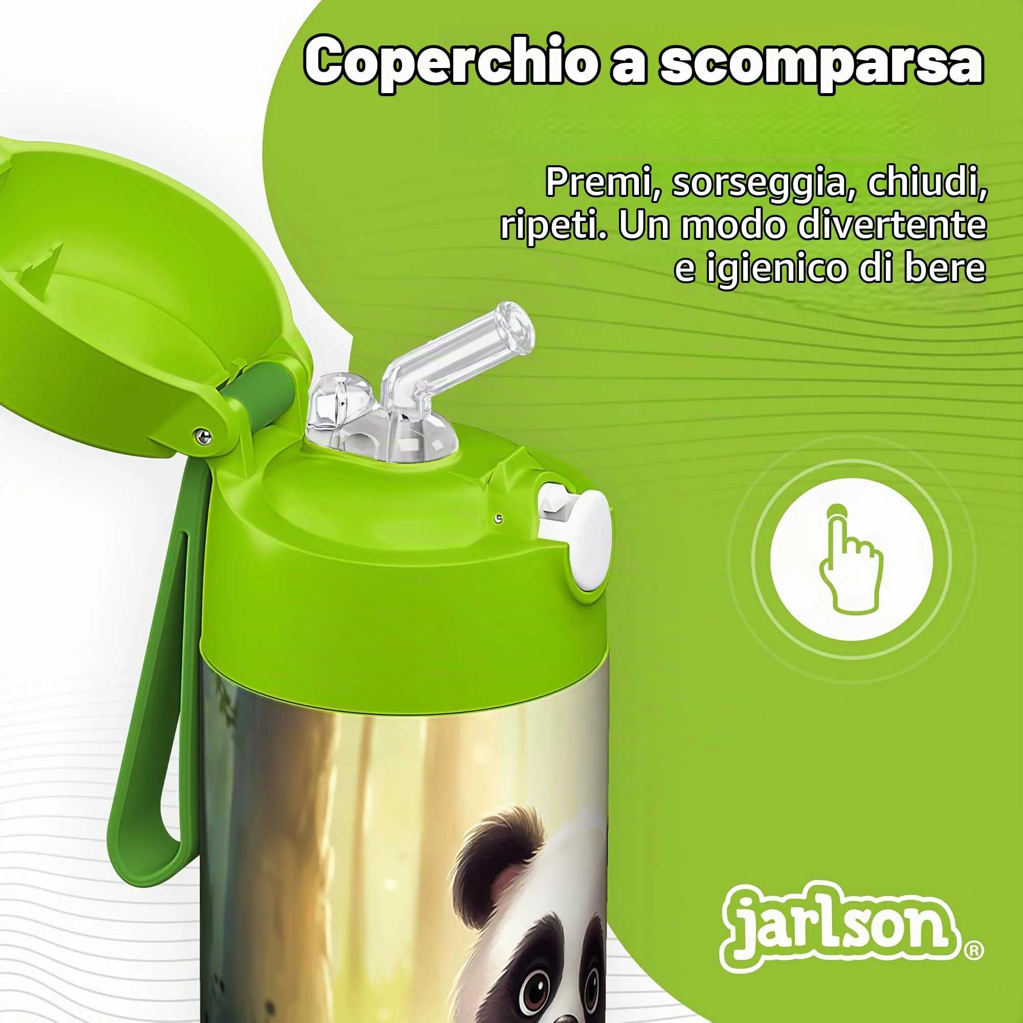 Jarlson Borraccia Termica Bambini Charli 350ml con Cannuccia - Acciaio Inox - Panda - immagine 4