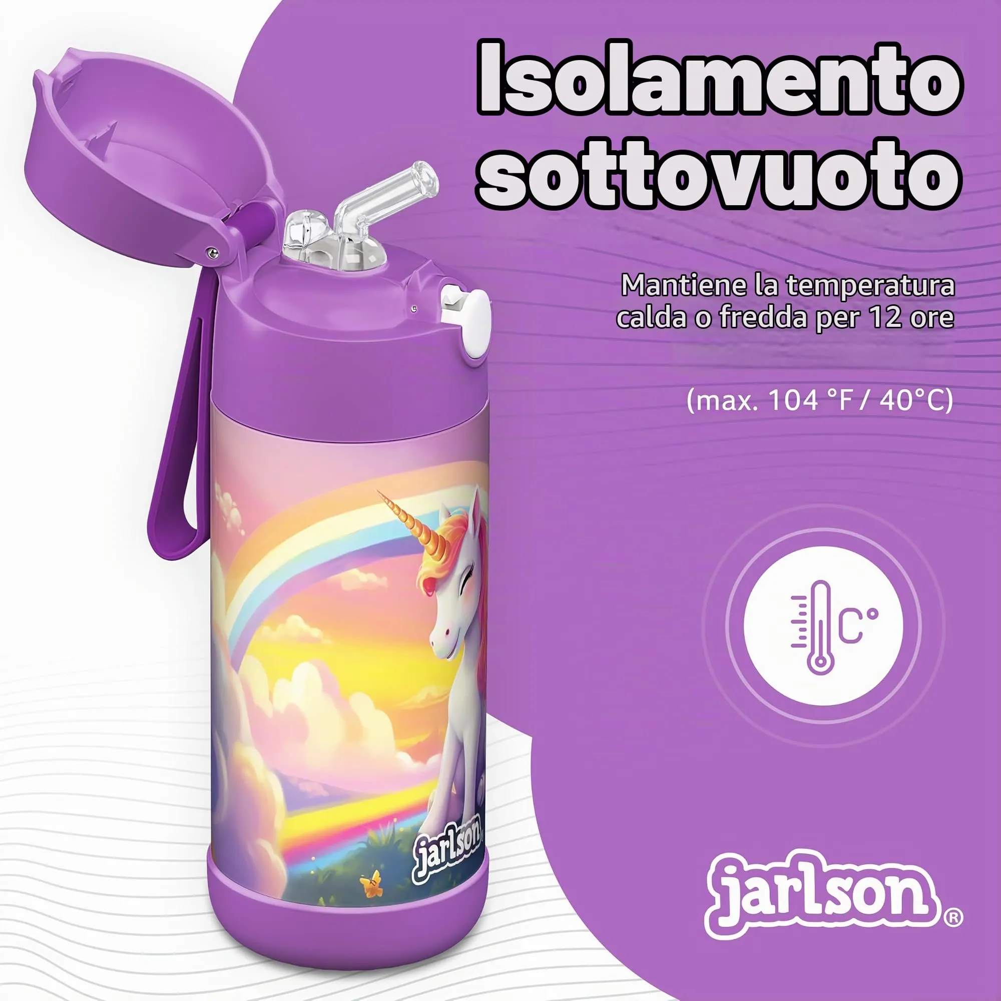 Jarlson Borraccia Termica Bambini Charli 350ml con Cannuccia in Acciaio Inox - Unicorno 2.0 - immagine 2