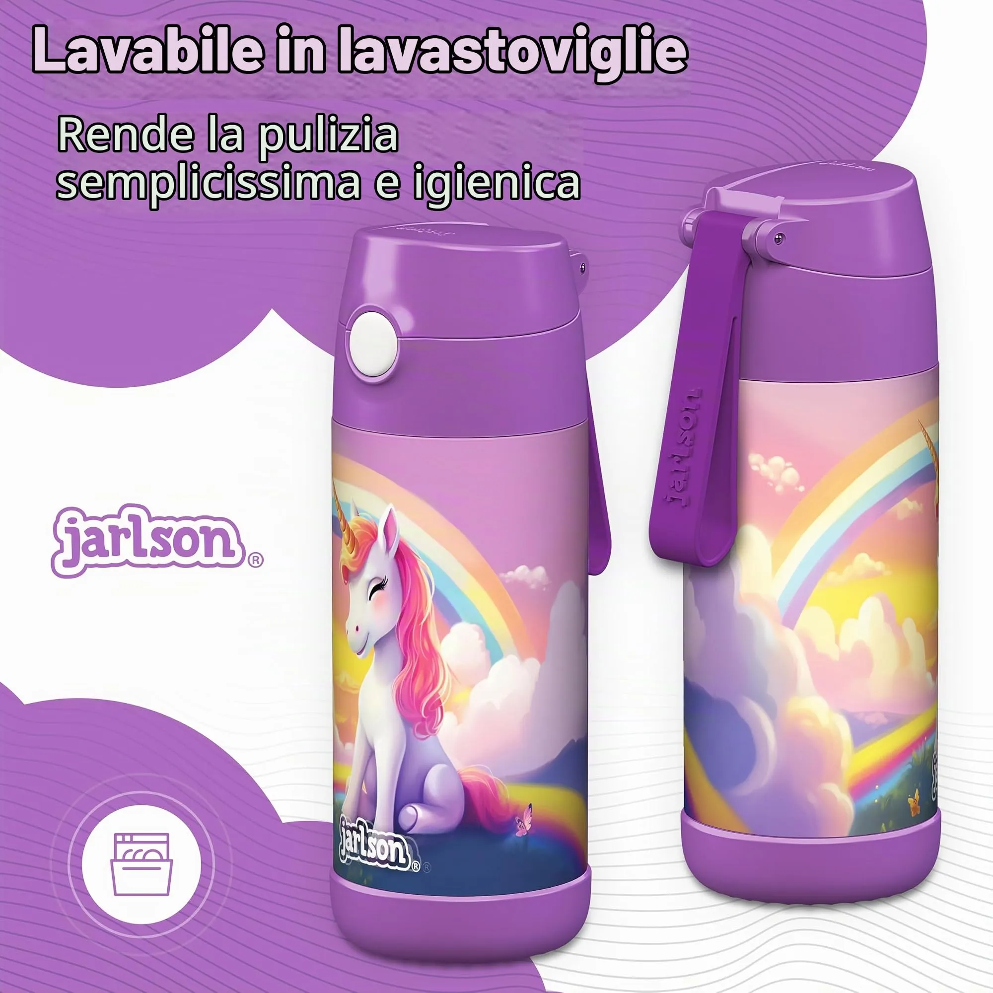 Jarlson Borraccia Termica Bambini Charli 350ml con Cannuccia in Acciaio Inox - Unicorno 2.0 - immagine 3