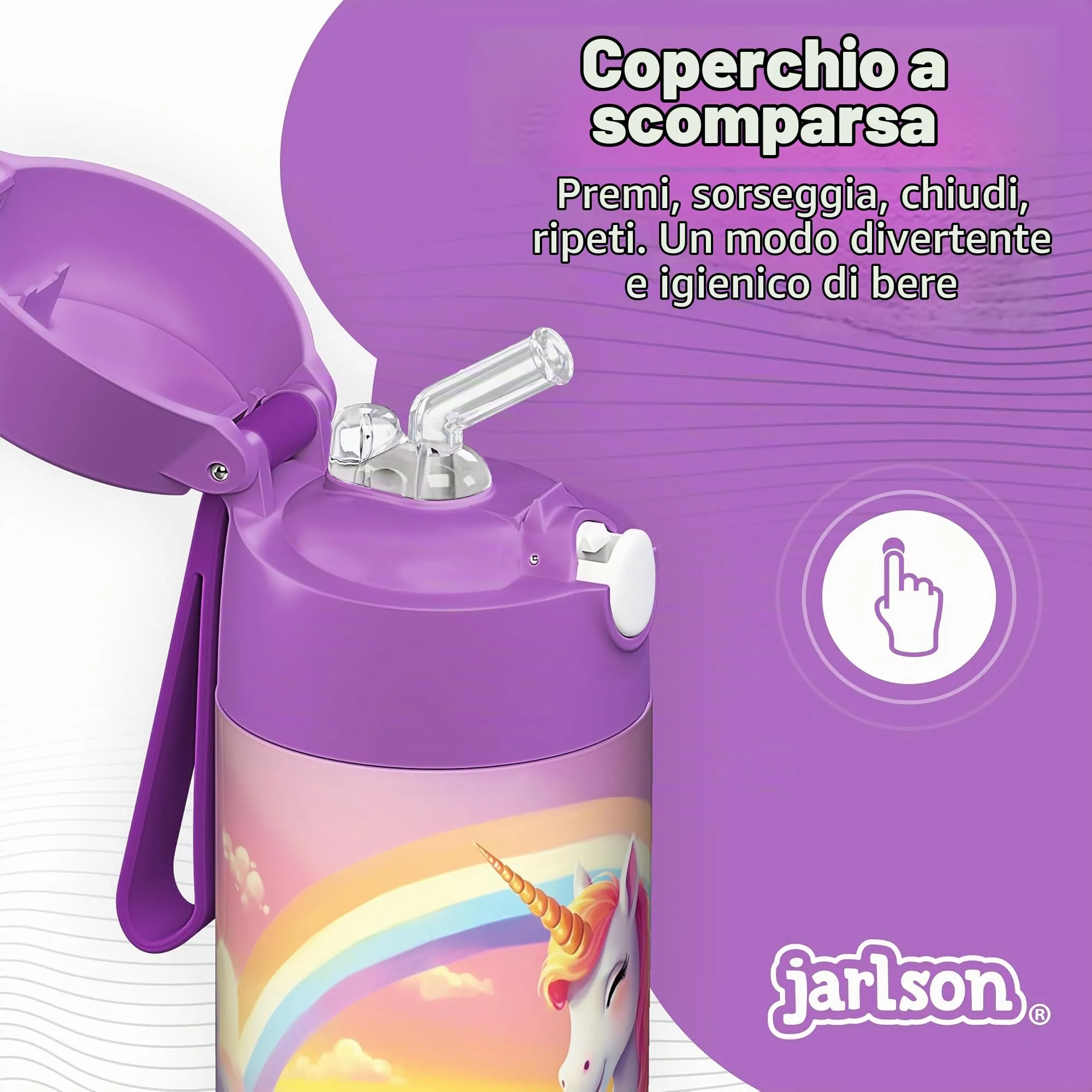Jarlson Borraccia Termica Bambini Charli 350ml con Cannuccia in Acciaio Inox - Unicorno 2.0 - immagine 4