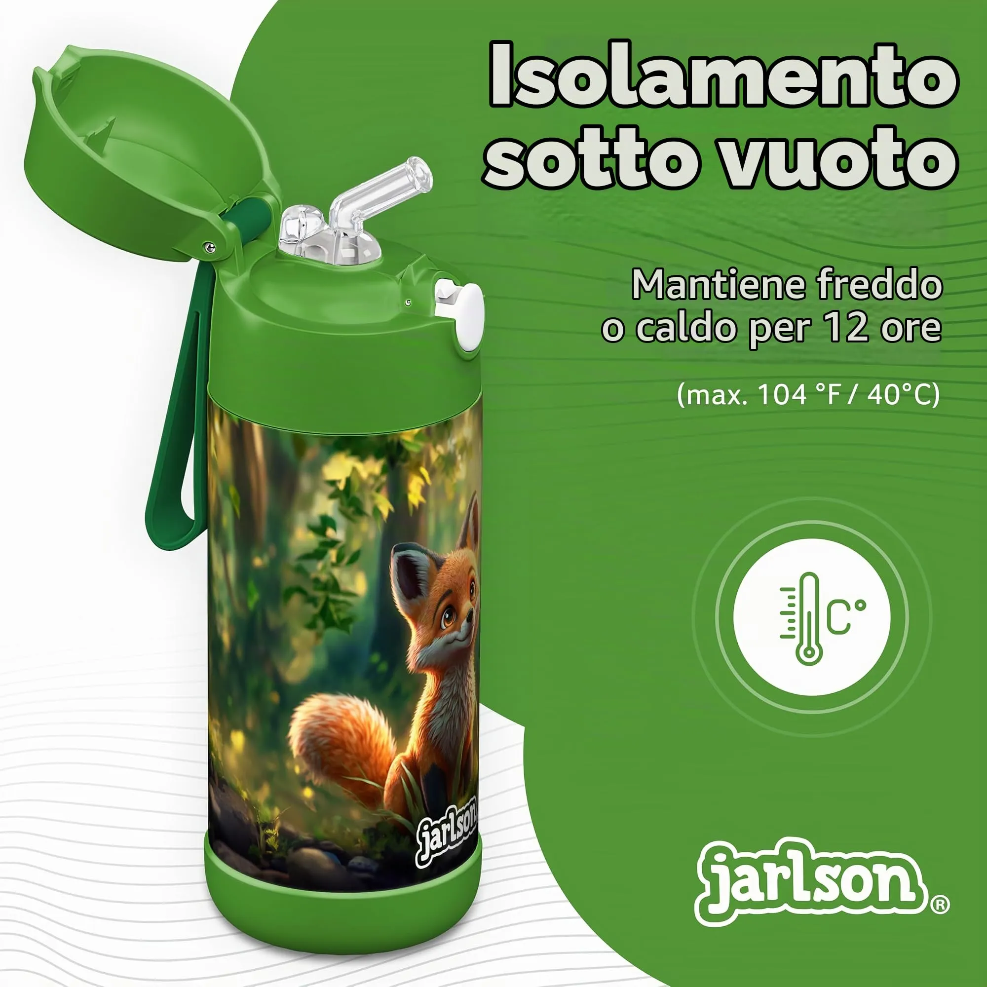 Jarlson Borraccia Termica Bambini Charli 350ml con Cannuccia, Acciaio Inox, Volpe - immagine 2