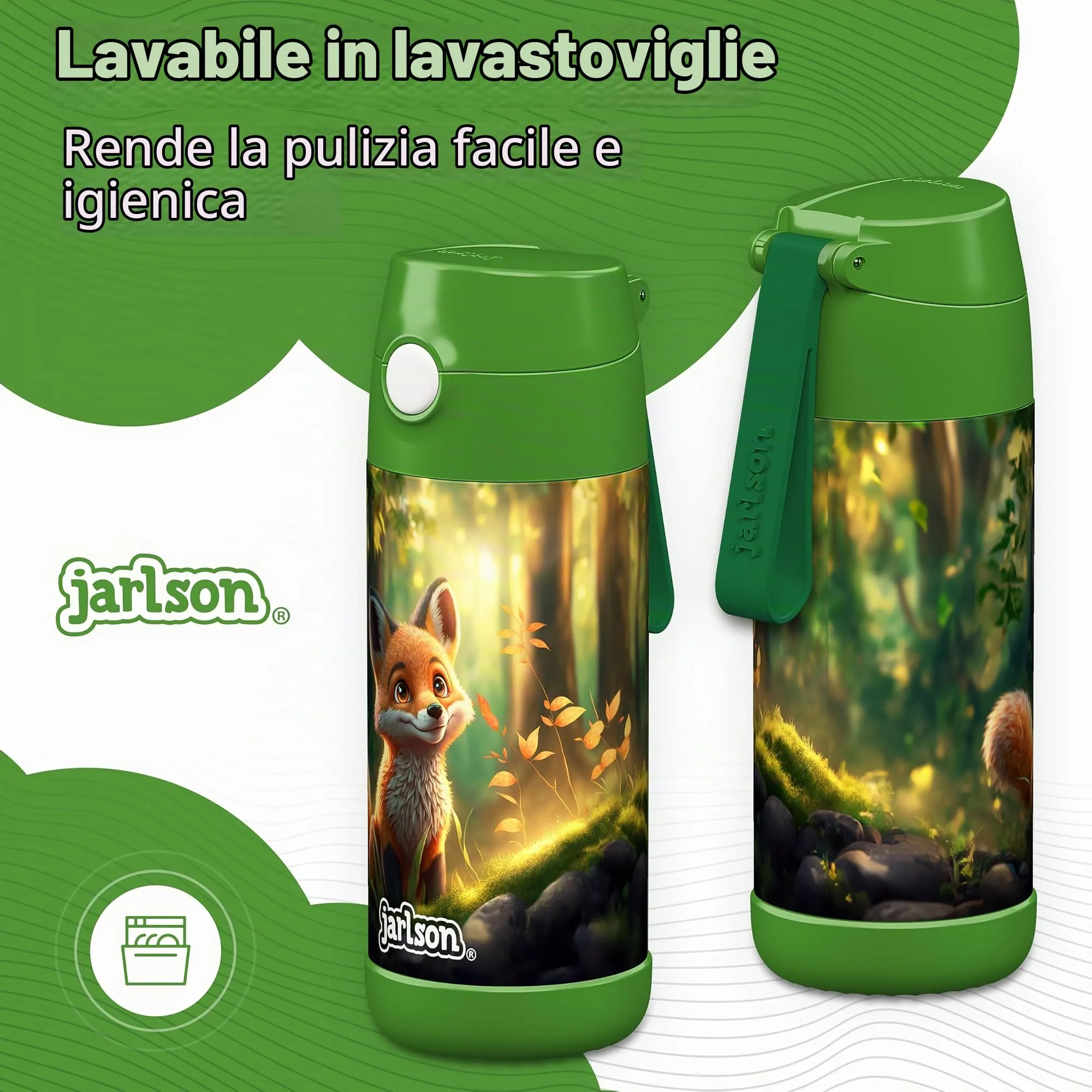 Jarlson Borraccia Termica Bambini Charli 350ml con Cannuccia, Acciaio Inox, Volpe - immagine 3
