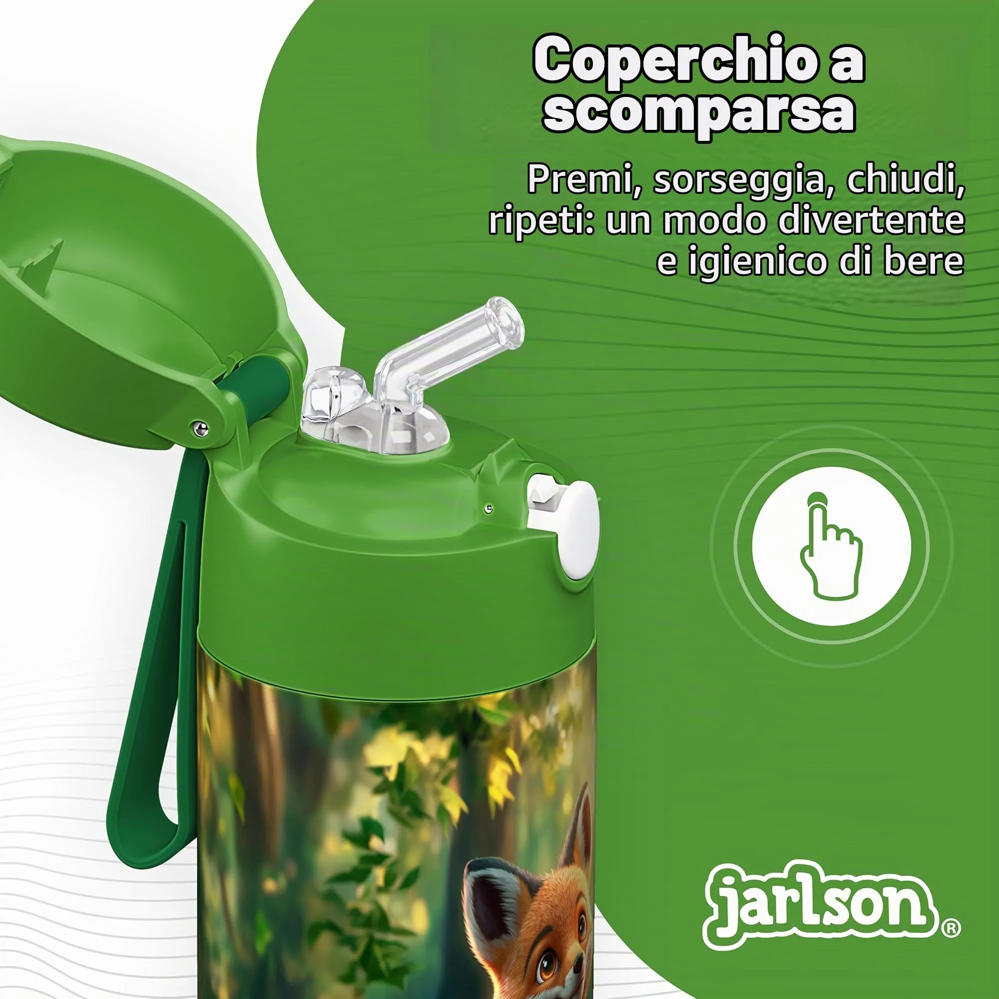 Jarlson Borraccia Termica Bambini Charli 350ml con Cannuccia, Acciaio Inox, Volpe - immagine 4