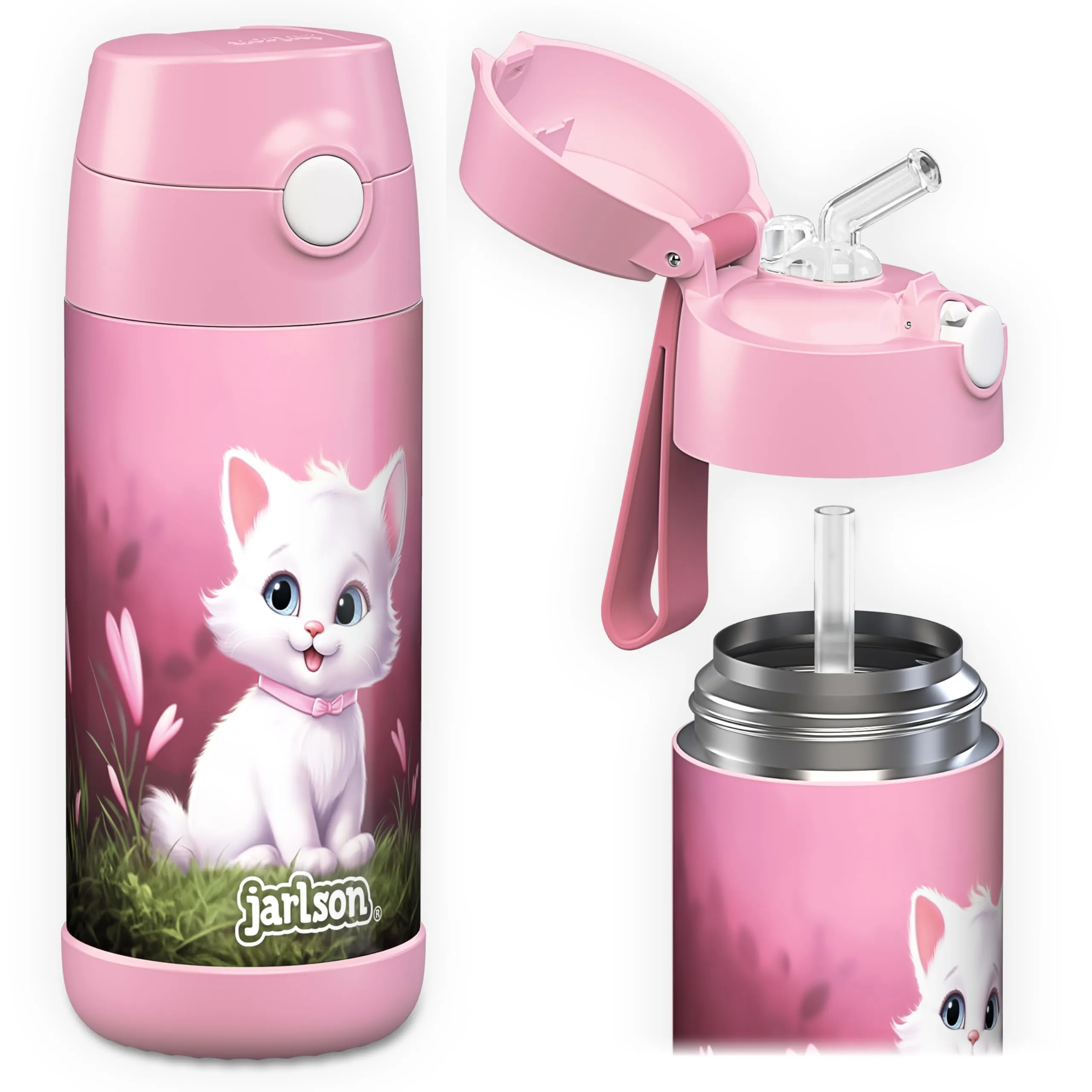 Jarlson Borraccia Termica Bambini Charli 350ml con Cannuccia in Acciaio Inox - Gatto 2.0 - immagine 1