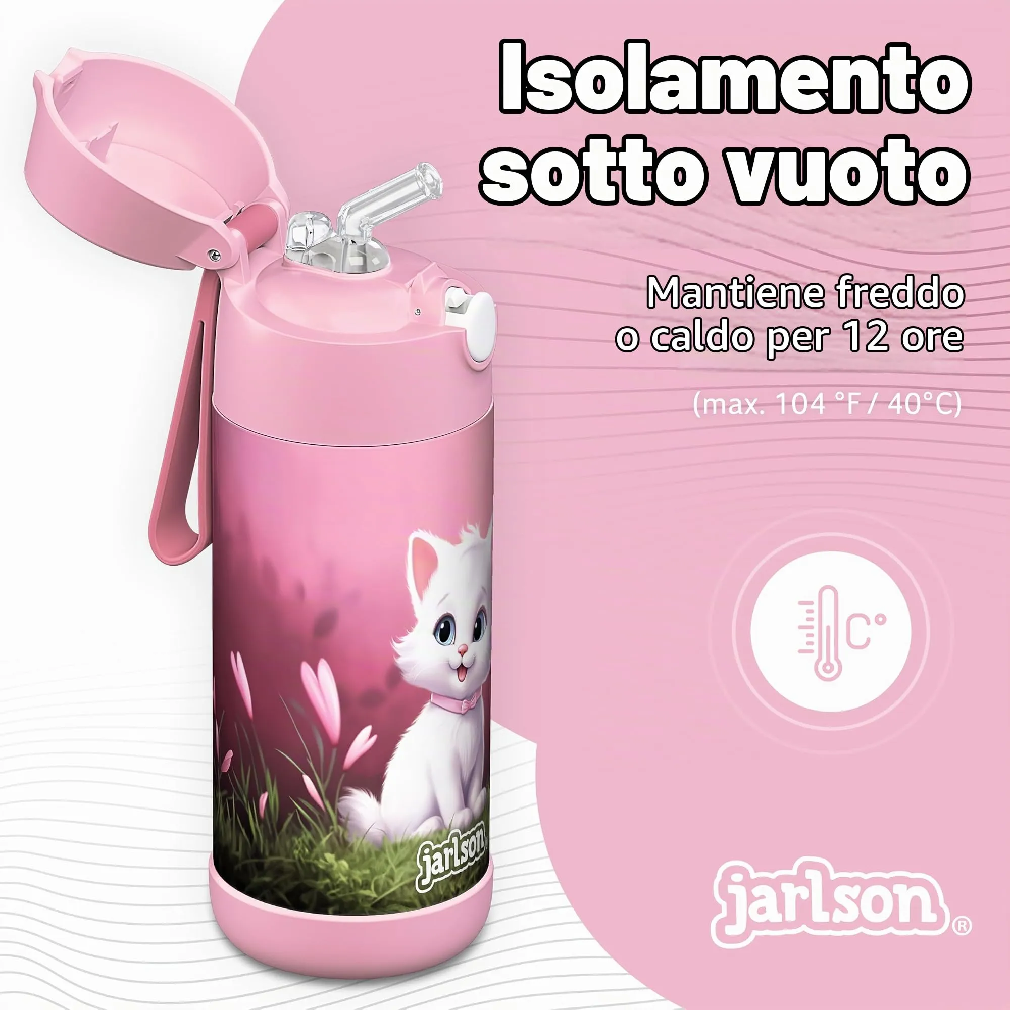 Jarlson Borraccia Termica Bambini Charli 350ml con Cannuccia in Acciaio Inox - Gatto 2.0 - immagine 2