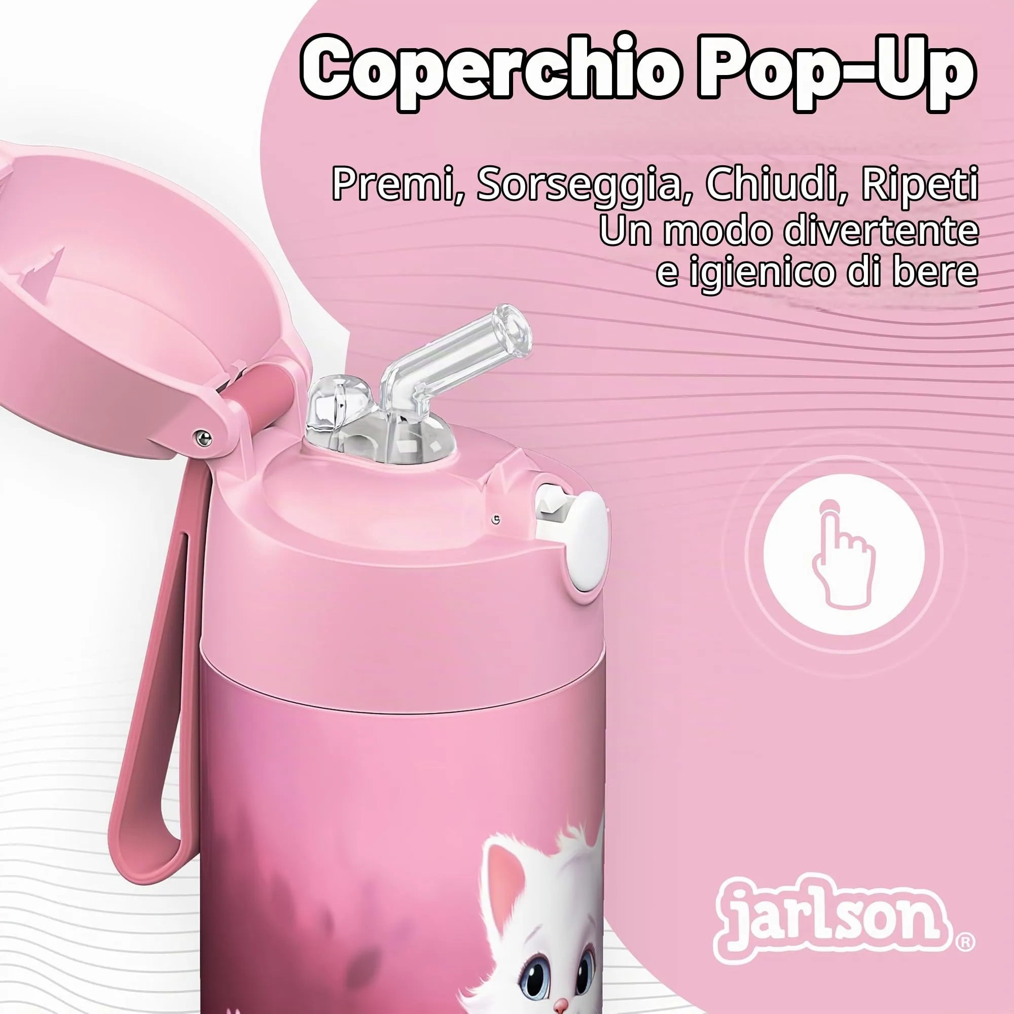 Jarlson Borraccia Termica Bambini Charli 350ml con Cannuccia in Acciaio Inox - Gatto 2.0 - immagine 4