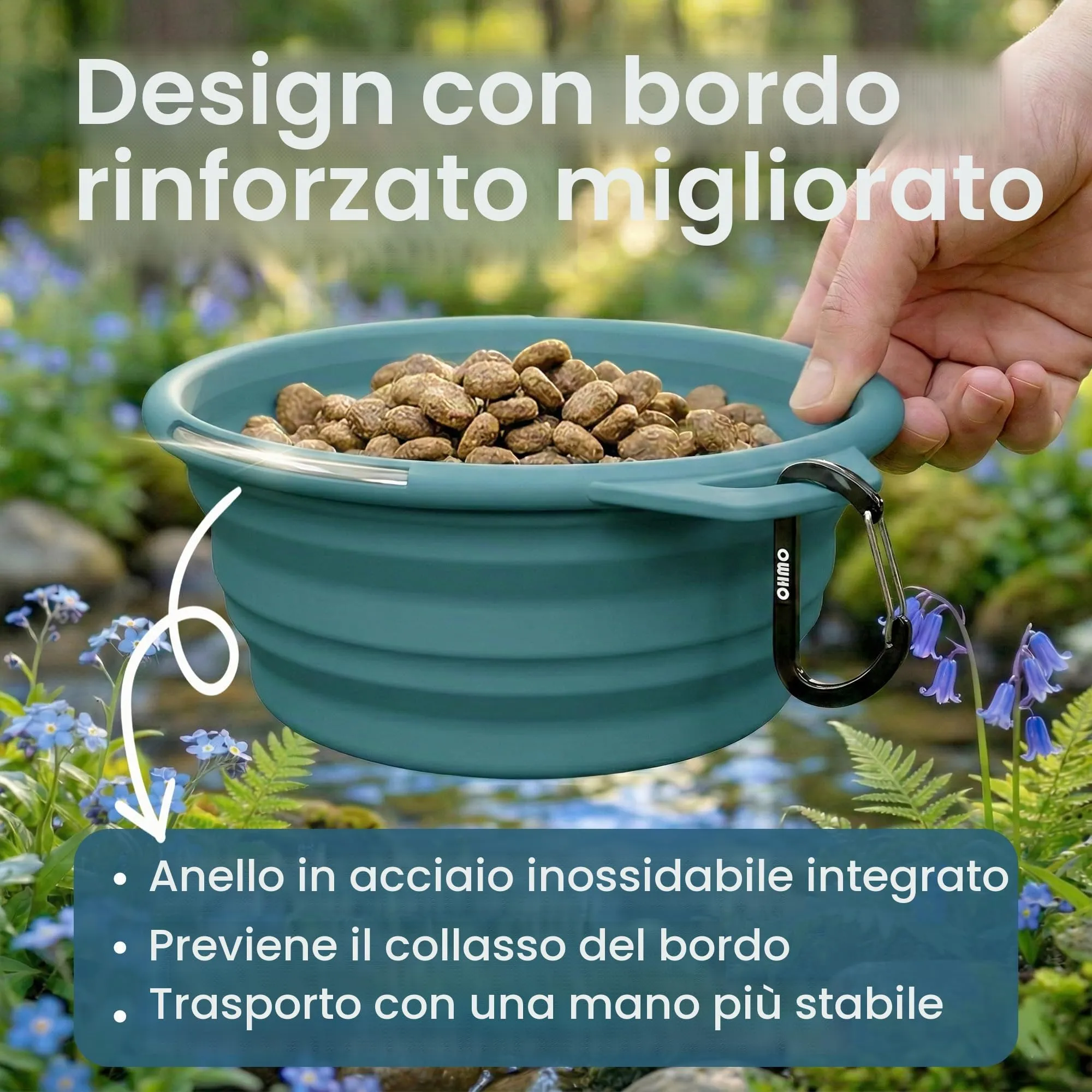OHMO Ciotola Cane Portatile Pieghevole in Silicone con Anello Acciaio Inox, 800ml, Azzurro - immagine 3
