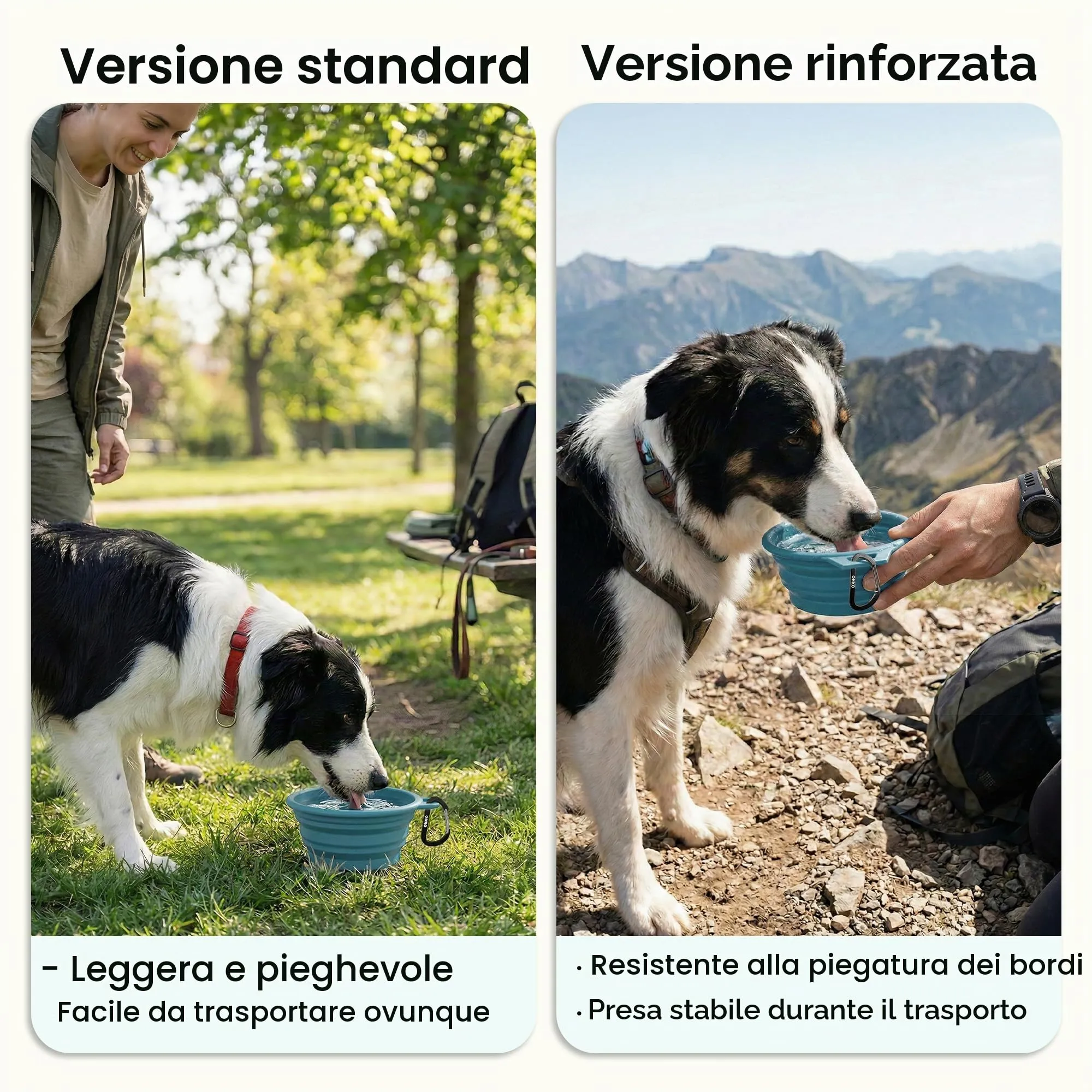 OHMO Ciotola Cane Portatile Pieghevole in Silicone con Anello Acciaio Inox, 800ml, Azzurro - immagine 4