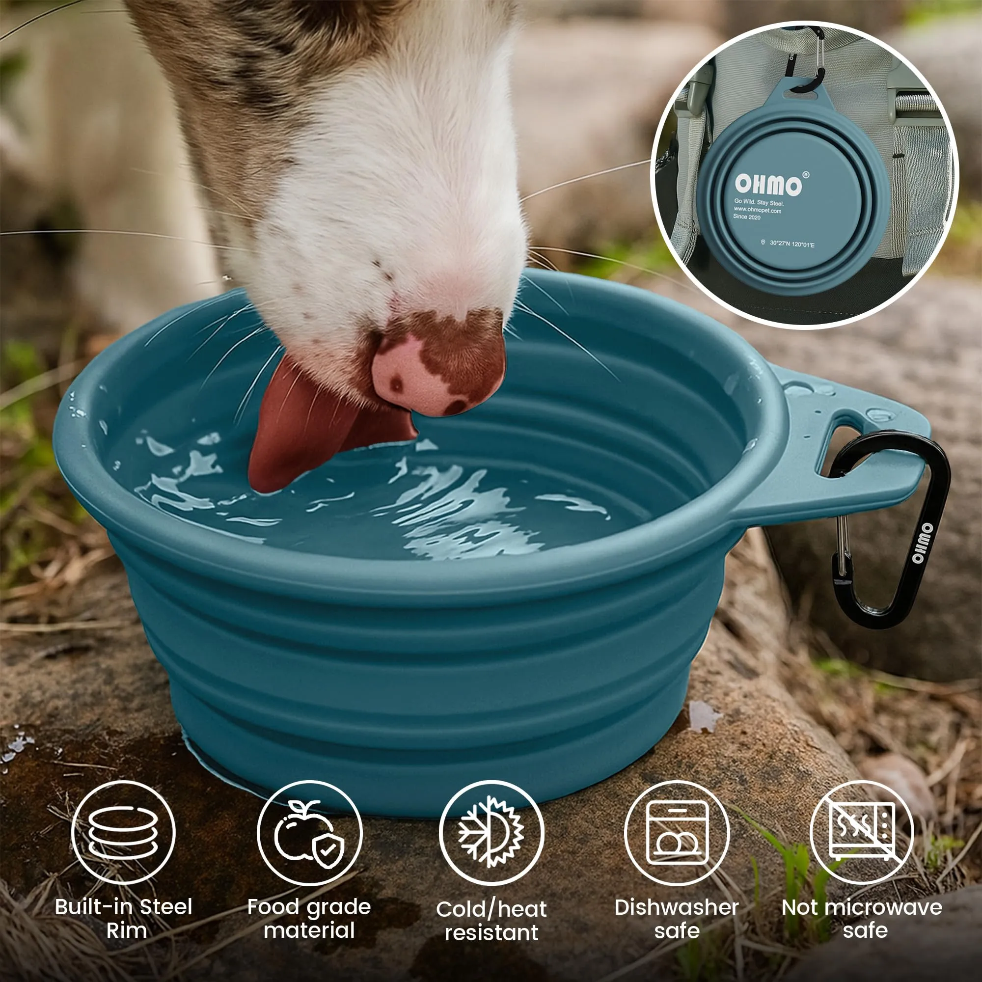 OHMO Ciotola Cane Portatile Pieghevole in Silicone con Anello Acciaio Inox, 800ml, Azzurro - immagine 5