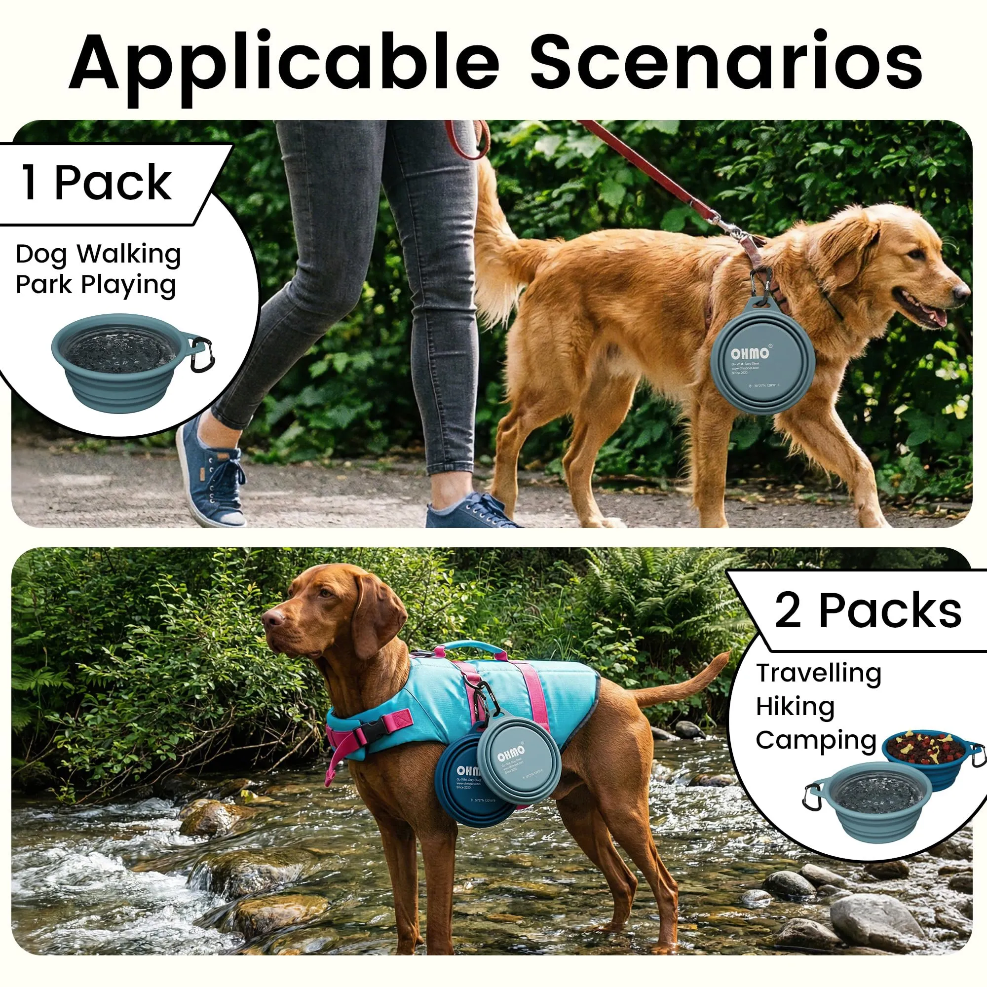 OHMO Ciotola Cane Portatile Pieghevole in Silicone con Anello Acciaio Inox, 800ml, Azzurro - immagine 6