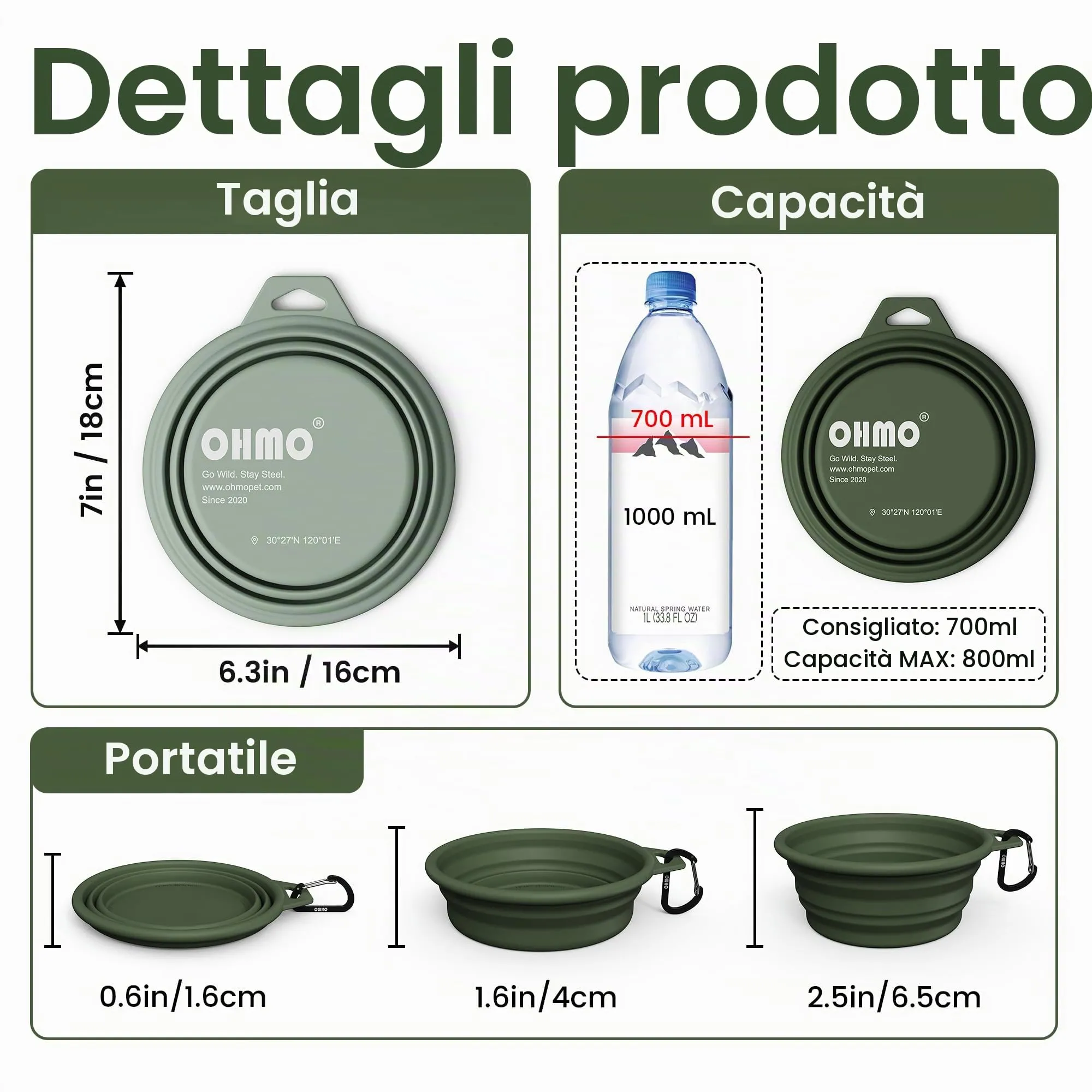 OHMO Ciotola Cane Portatile in Silicone e Acciaio Inox, 800ml, 2 Pezzi, Verde Mimetica e Chiaro - immagine 2