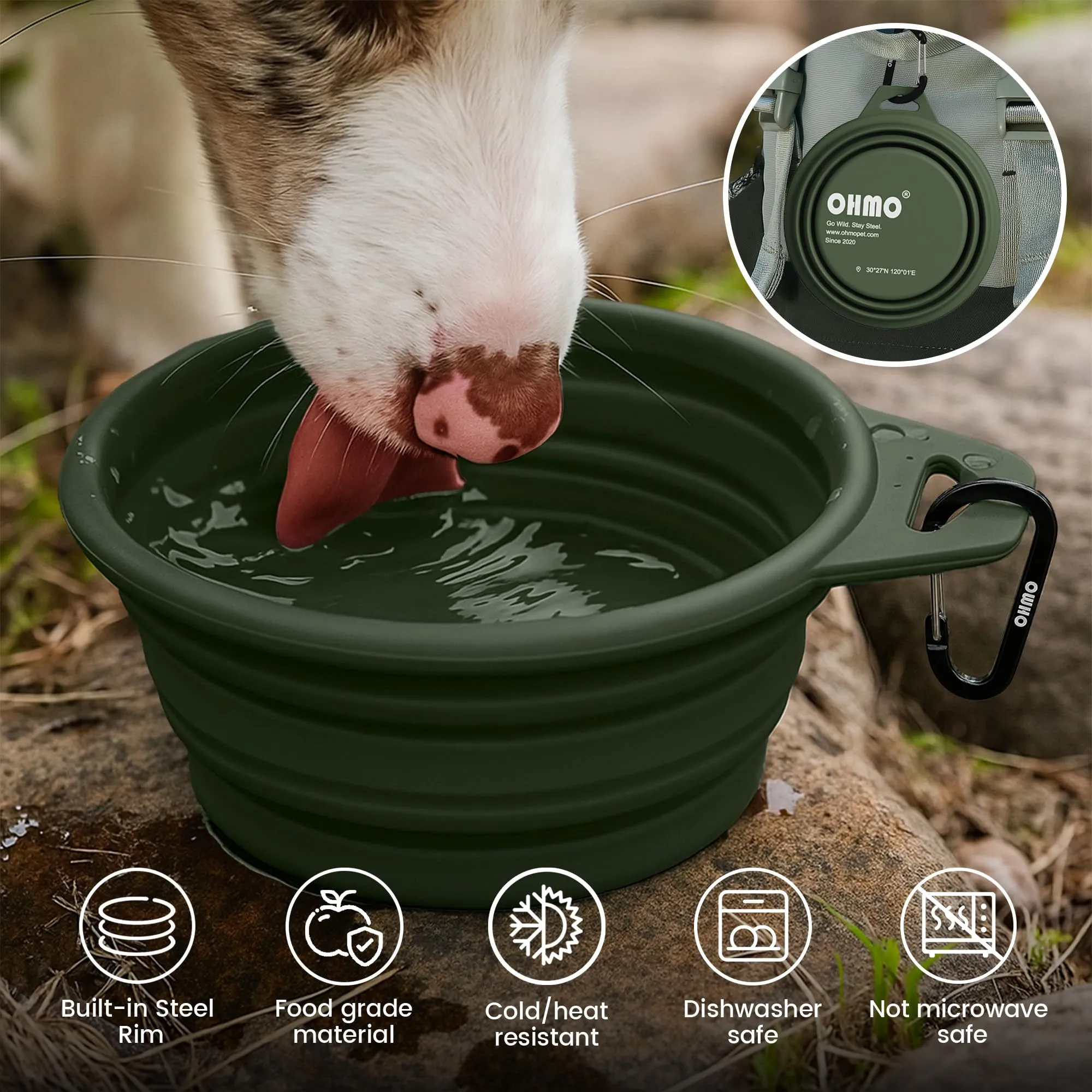OHMO Ciotola Cane Portatile in Silicone e Acciaio Inox, 800ml, 2 Pezzi, Verde Mimetica e Chiaro - immagine 5