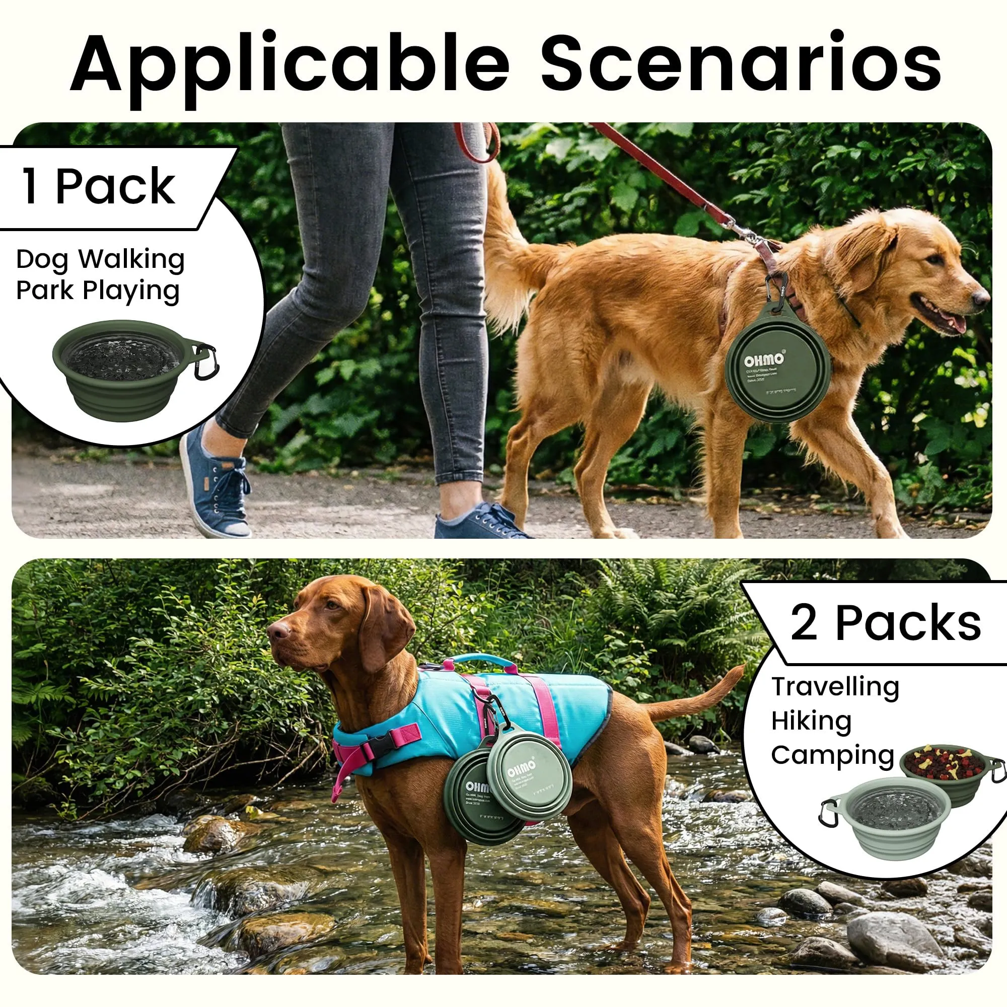 OHMO Ciotola Cane Portatile in Silicone e Acciaio Inox, 800ml, 2 Pezzi, Verde Mimetica e Chiaro - immagine 6