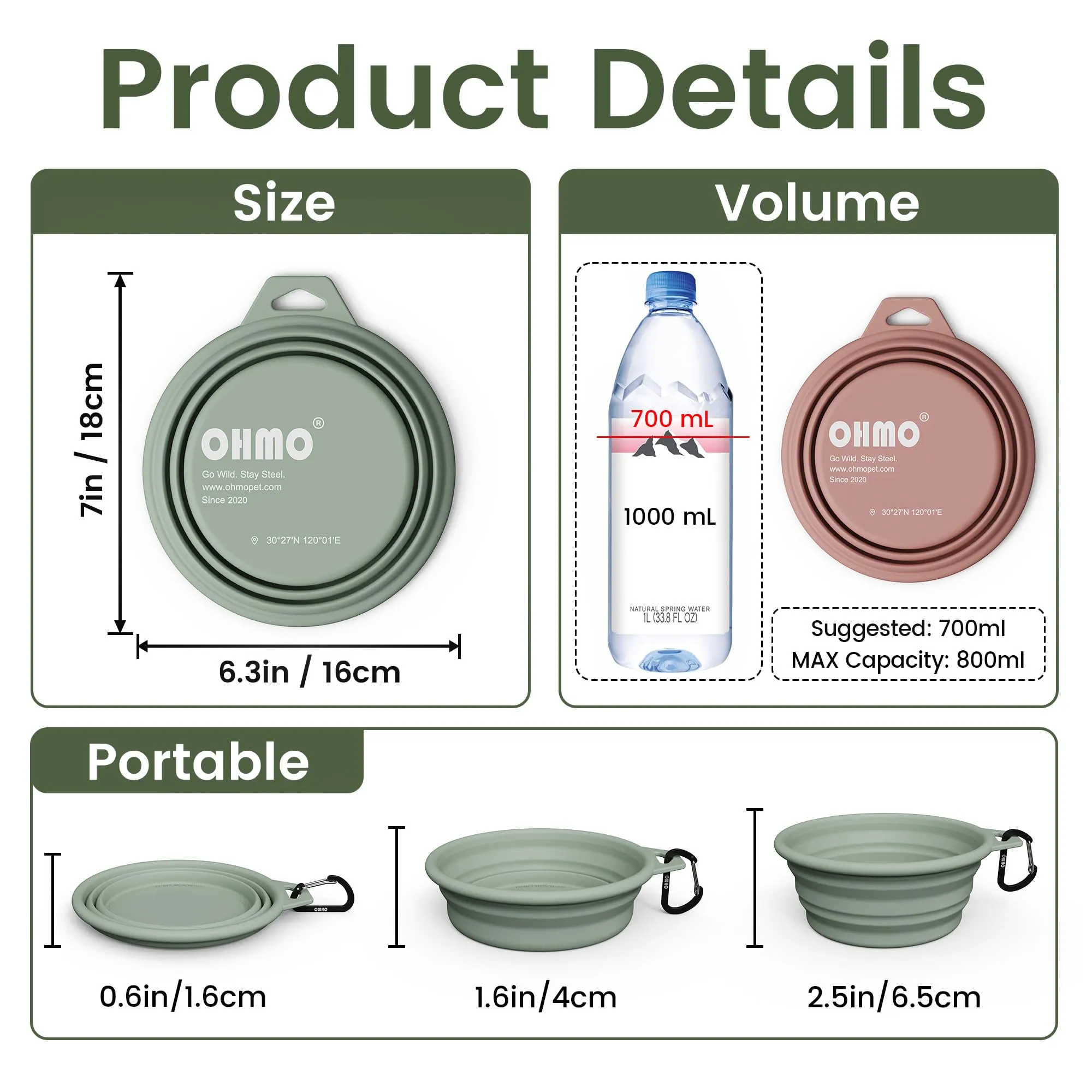 OHMO Ciotole Cane Portatili Pieghevoli in Silicone e Acciaio Inox, 800ml, 2 pz, Corallo e Verde Chiaro - immagine 2