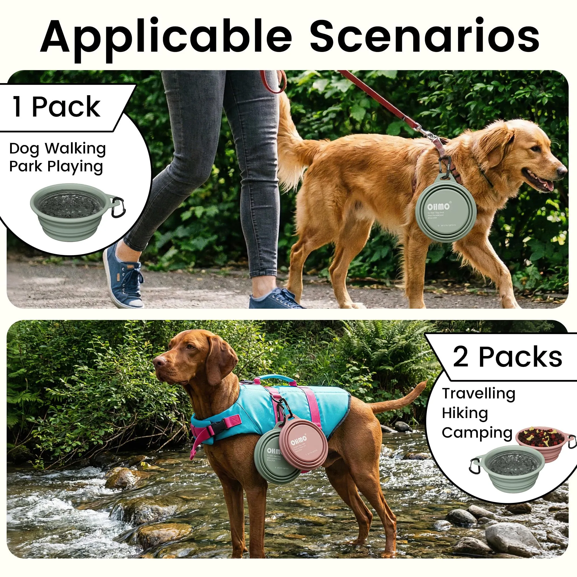 OHMO Ciotole Cane Portatili Pieghevoli in Silicone e Acciaio Inox, 800ml, 2 pz, Corallo e Verde Chiaro - immagine 6
