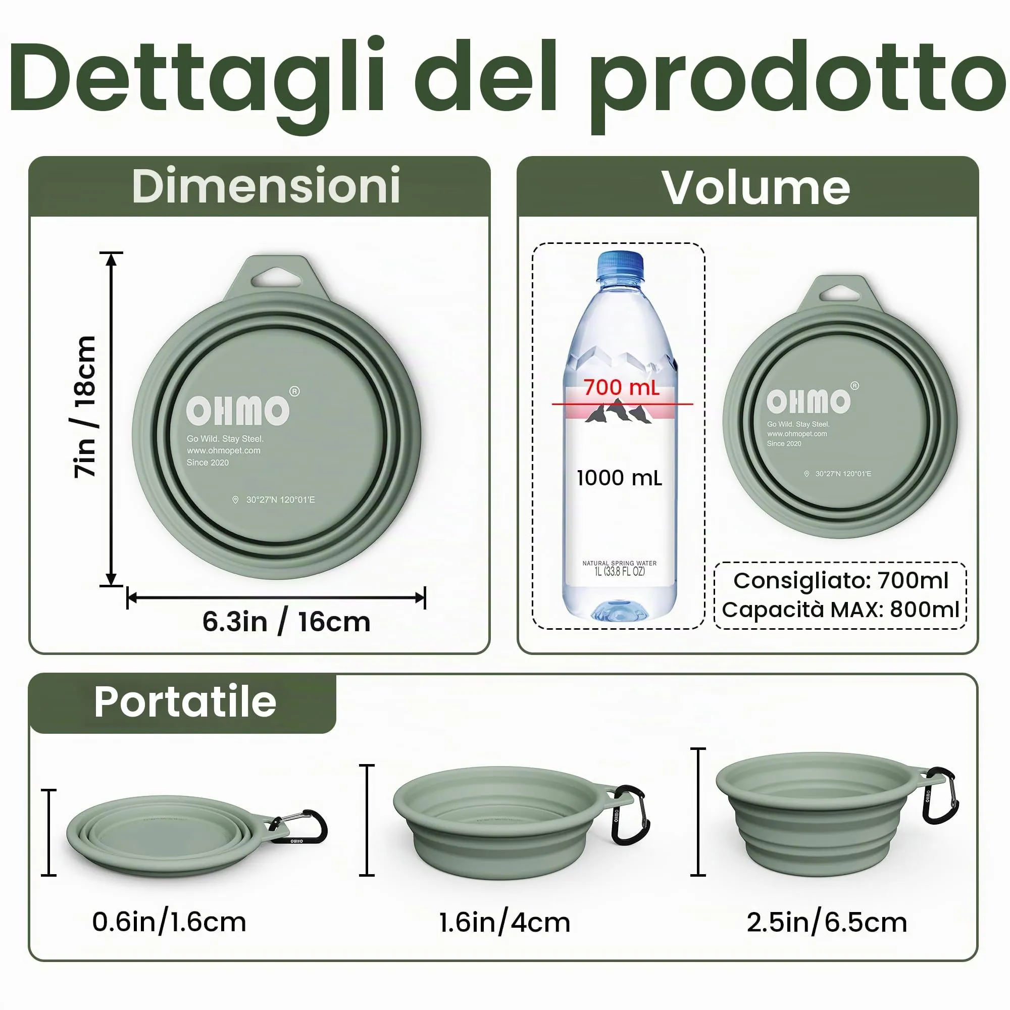 OHMO Ciotola Cane Portatile Pieghevole in Silicone e Acciaio Inox, 800ml, Verde Chiaro - immagine 2