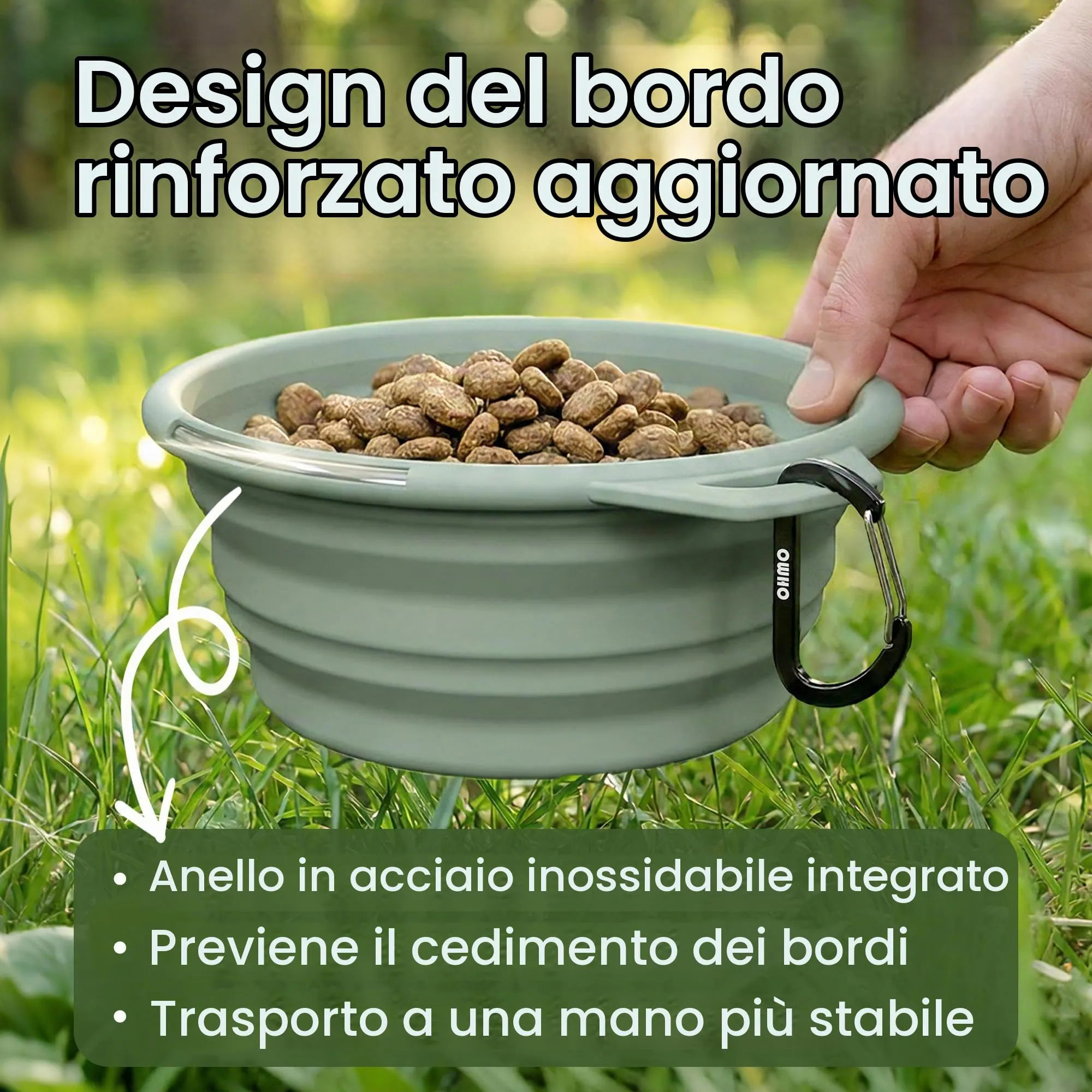 OHMO Ciotola Cane Portatile Pieghevole in Silicone e Acciaio Inox, 800ml, Verde Chiaro - immagine 3