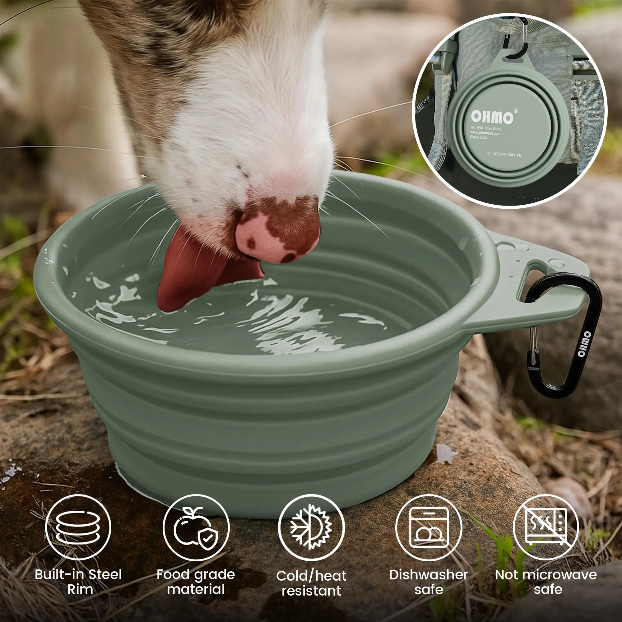 OHMO Ciotola Cane Portatile Pieghevole in Silicone e Acciaio Inox, 800ml, Verde Chiaro - immagine 5