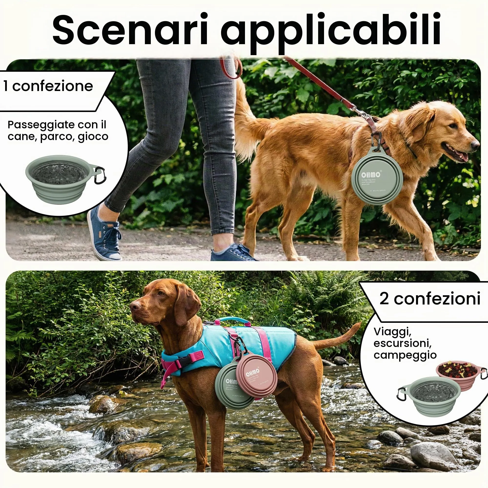 OHMO Ciotola Cane Portatile Pieghevole in Silicone e Acciaio Inox, 800ml, Verde Chiaro - immagine 6