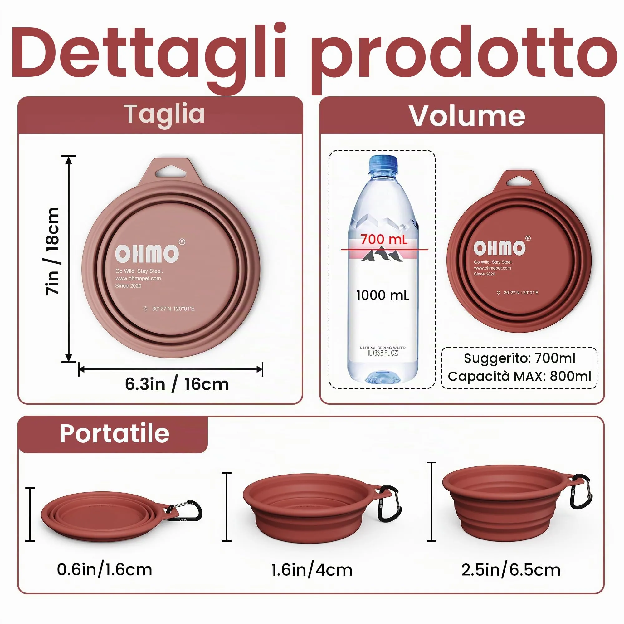 OHMO Ciotole per Cane Portatili in Silicone e Acciaio Inox, 800ml, 2 pezzi, Erythrinus+Corallo - immagine 2