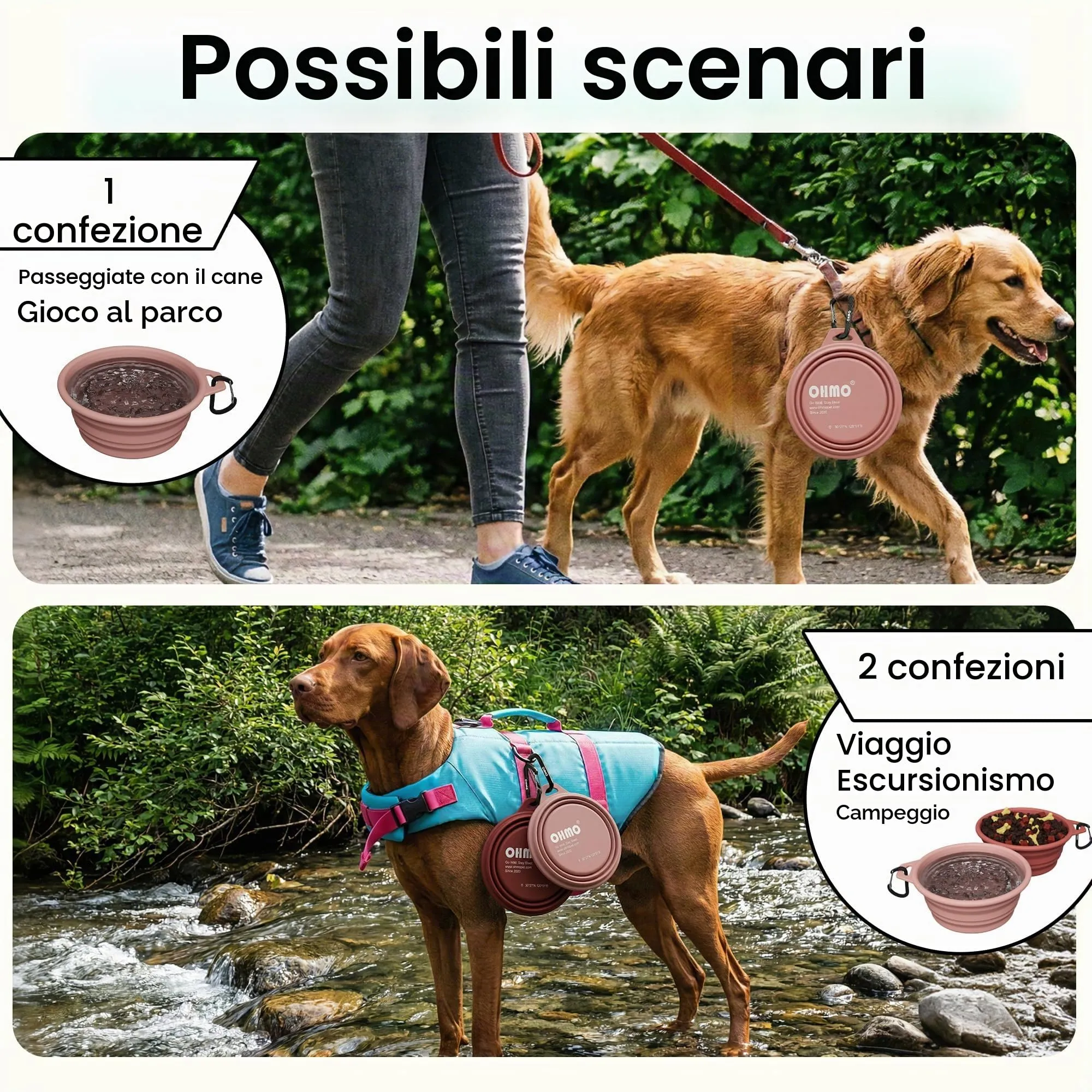 OHMO Ciotole per Cane Portatili in Silicone e Acciaio Inox, 800ml, 2 pezzi, Erythrinus+Corallo - immagine 6
