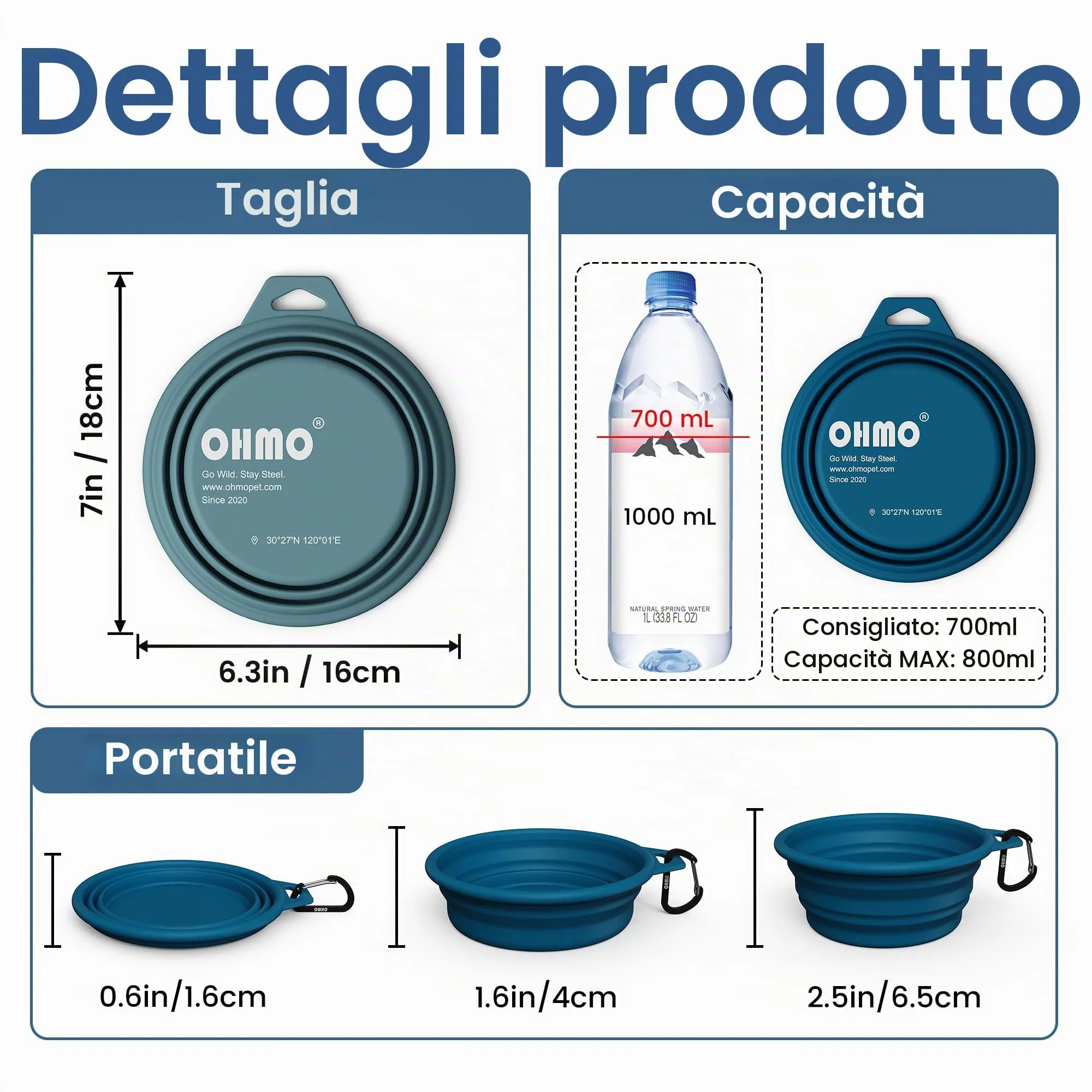 OHMO Ciotole per Cani Pieghevoli in Silicone con Anello in Acciaio Inox, 800ml, 2 Pezzi, Blu Scuro e Azzurro - immagine 2