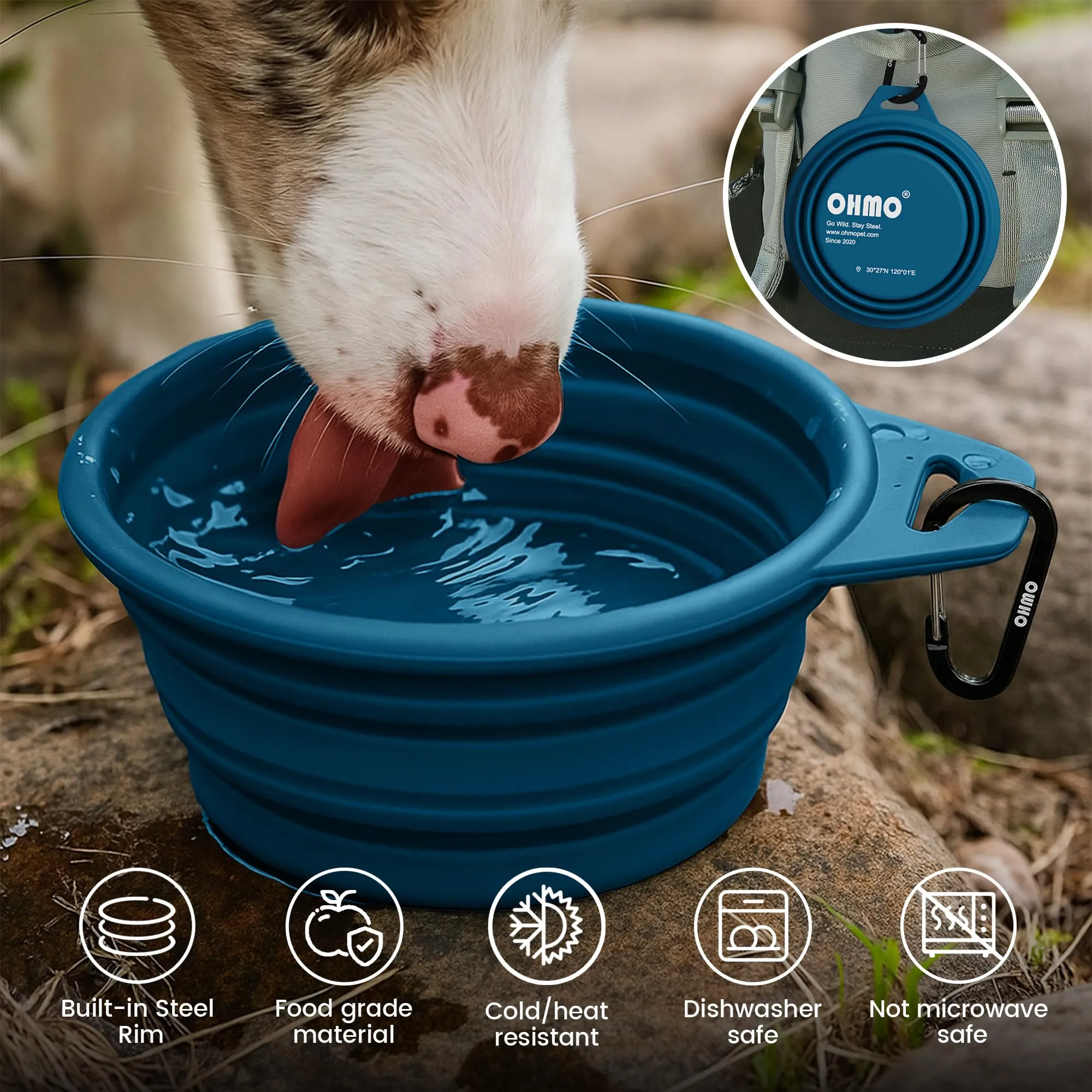OHMO Ciotole per Cani Pieghevoli in Silicone con Anello in Acciaio Inox, 800ml, 2 Pezzi, Blu Scuro e Azzurro - immagine 5