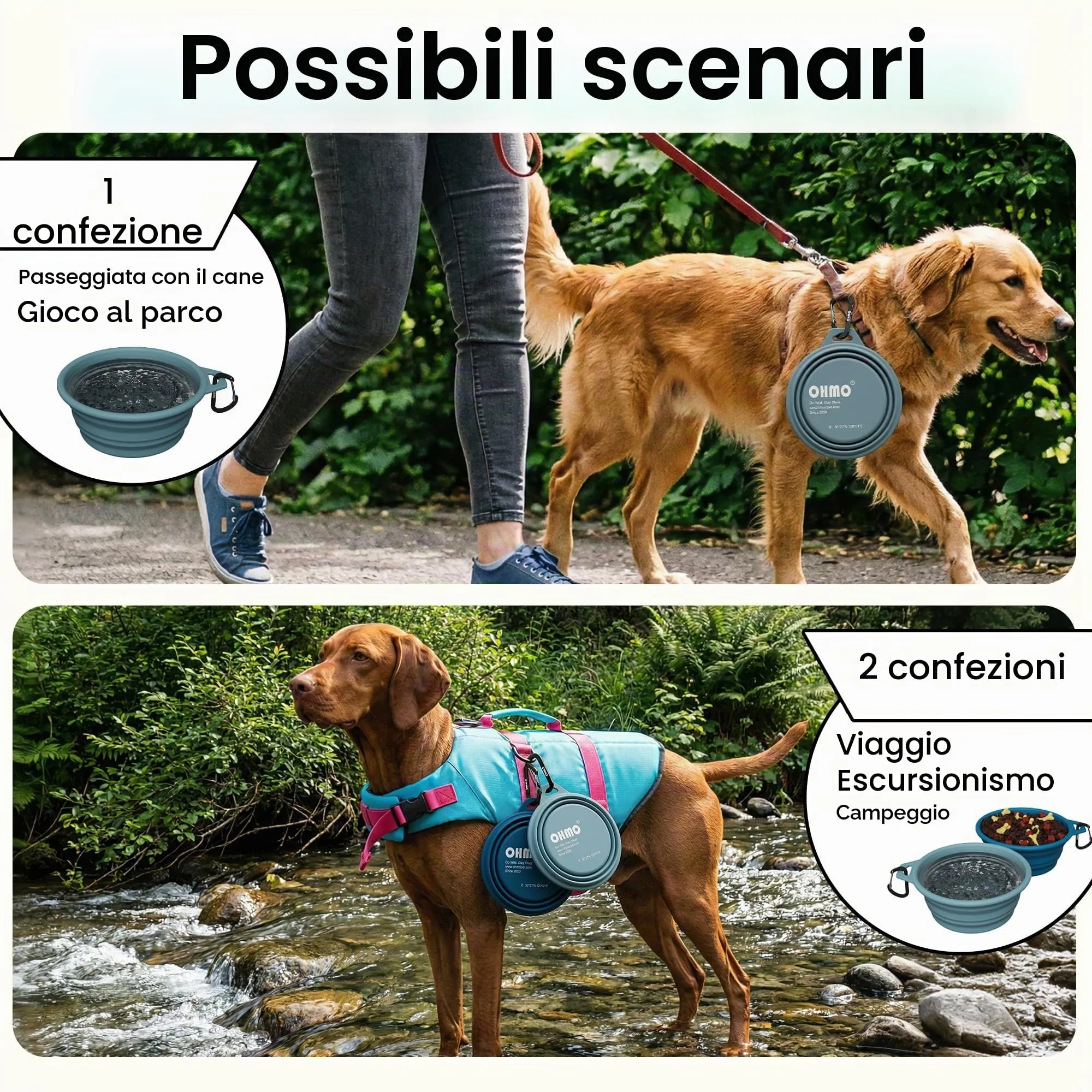 OHMO Ciotole per Cani Pieghevoli in Silicone con Anello in Acciaio Inox, 800ml, 2 Pezzi, Blu Scuro e Azzurro - immagine 6