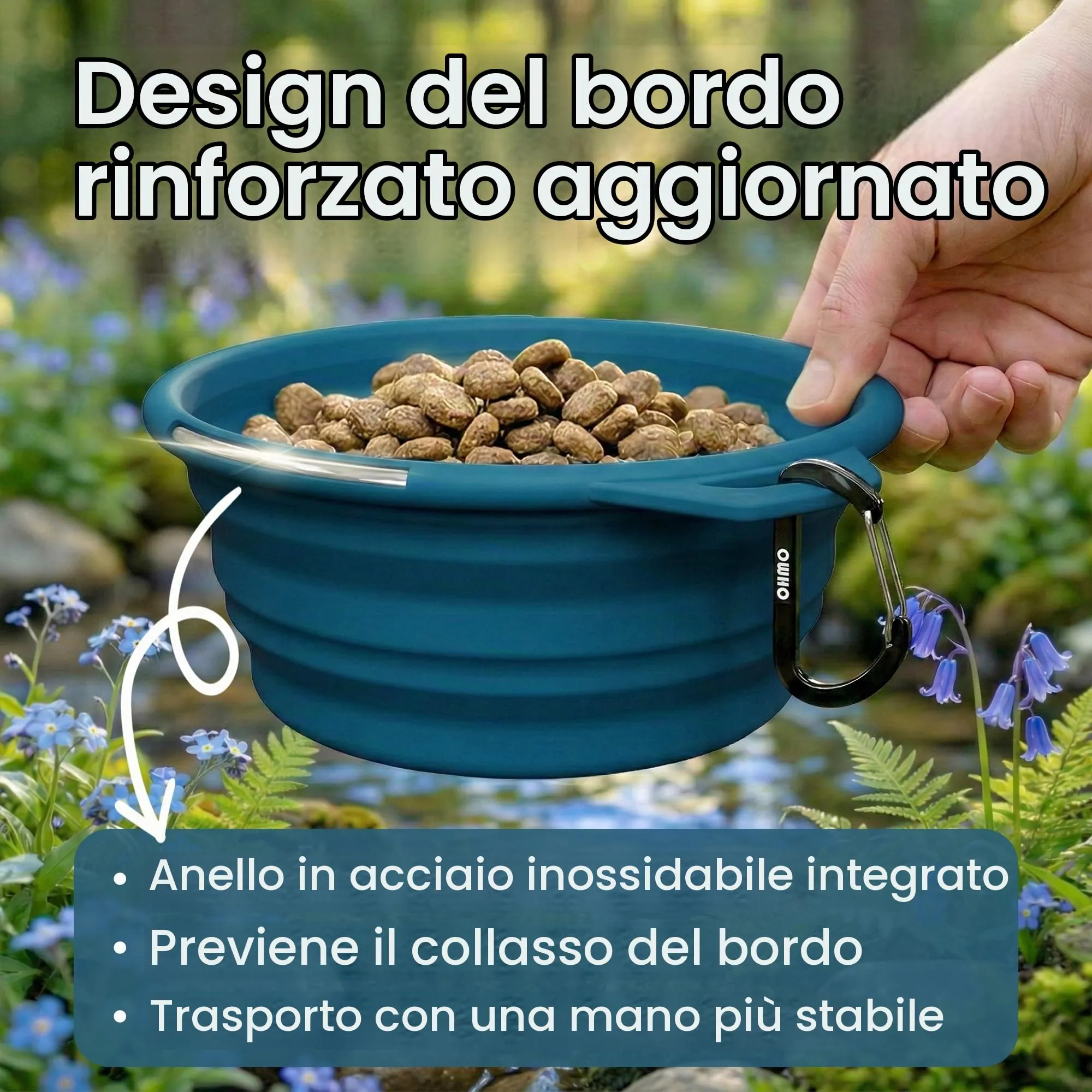 OHMO Ciotola Cane Portatile Pieghevole in Silicone con Anello Acciaio Inox, 800ml, Blu Pavon - immagine 3