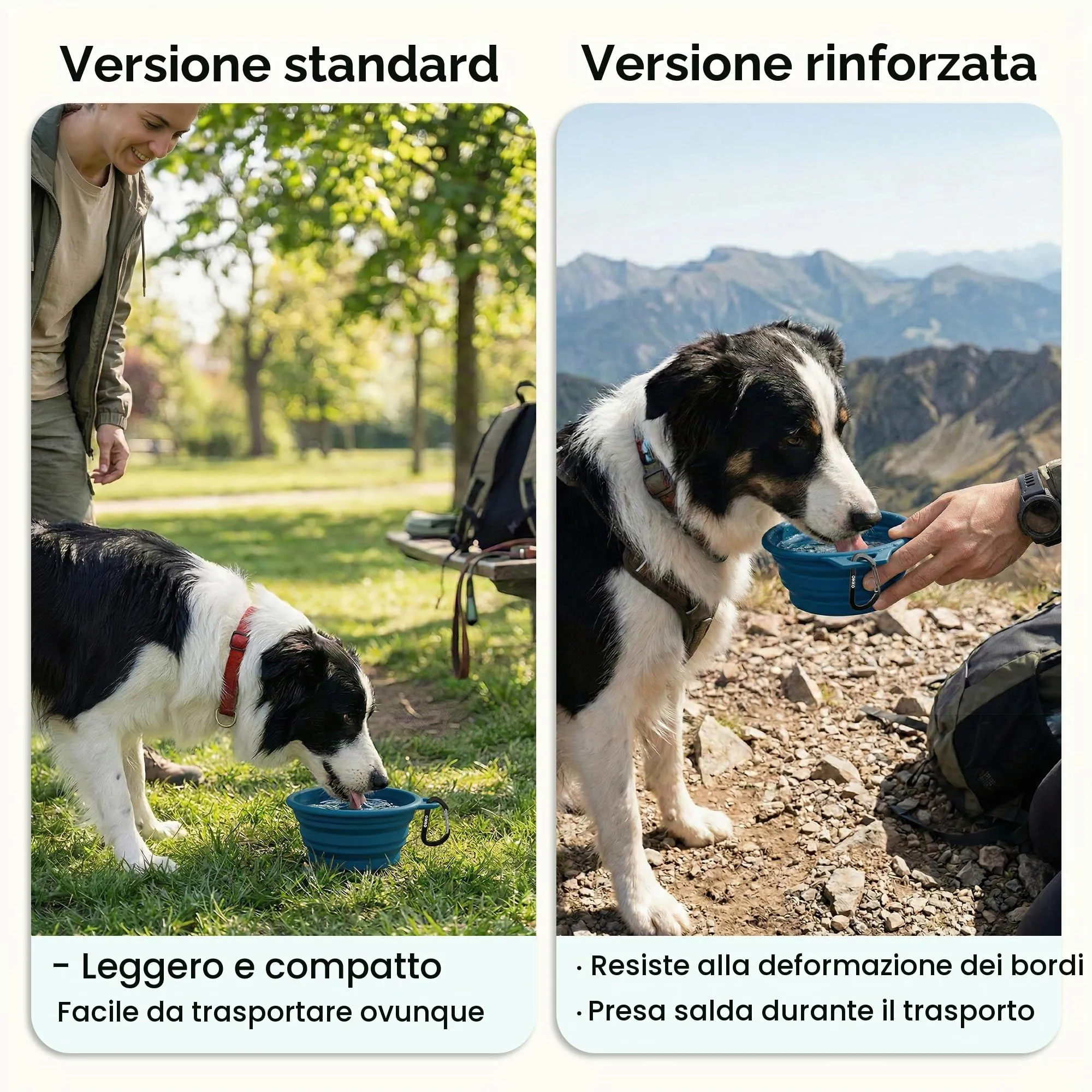 OHMO Ciotola Cane Portatile Pieghevole in Silicone con Anello Acciaio Inox, 800ml, Blu Pavon - immagine 4