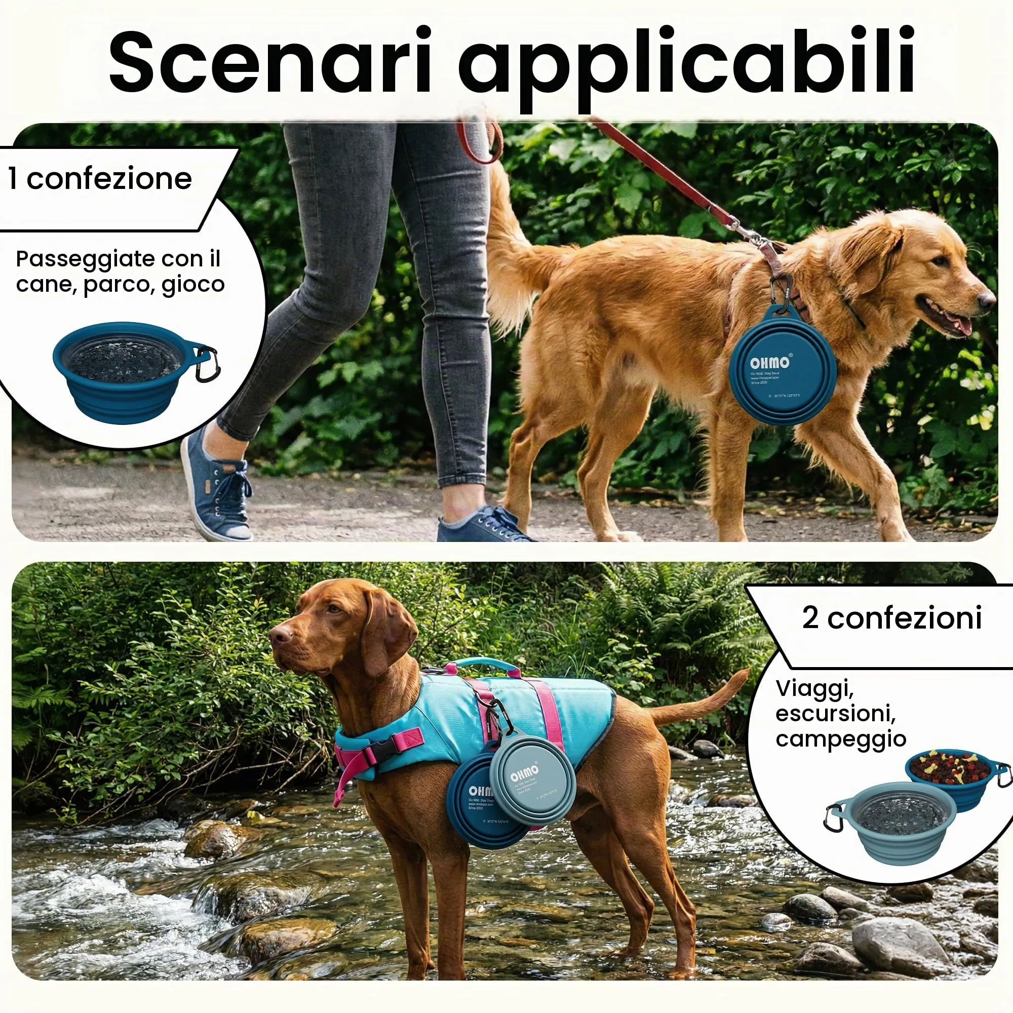 OHMO Ciotola Cane Portatile Pieghevole in Silicone con Anello Acciaio Inox, 800ml, Blu Pavon - immagine 6