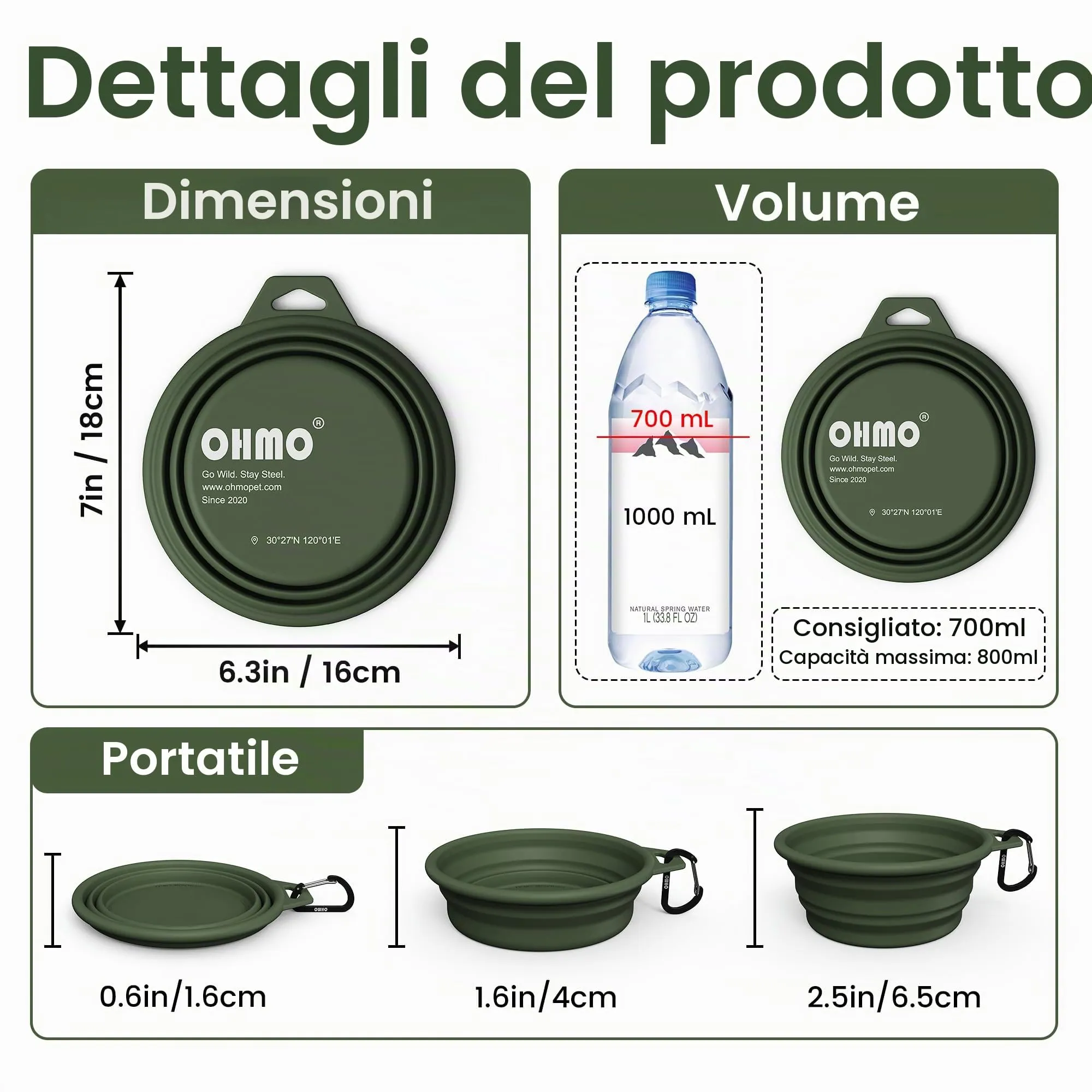 OHMO Ciotola Cane Portatile Pieghevole in Silicone e Acciaio Inox, 800ml, Verde Mimetica - immagine 2