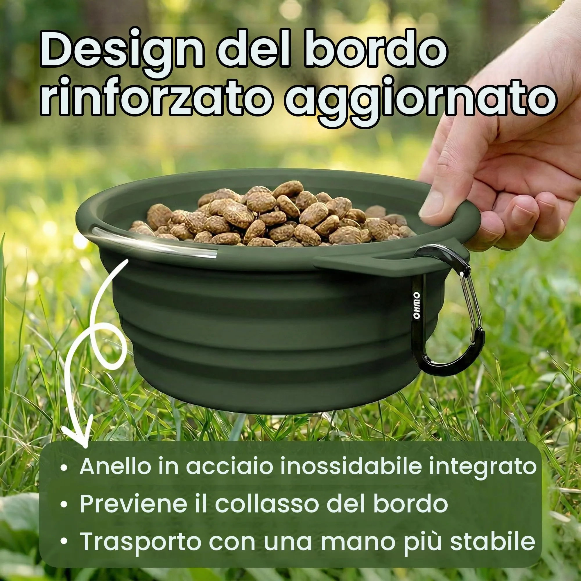 OHMO Ciotola Cane Portatile Pieghevole in Silicone e Acciaio Inox, 800ml, Verde Mimetica - immagine 3