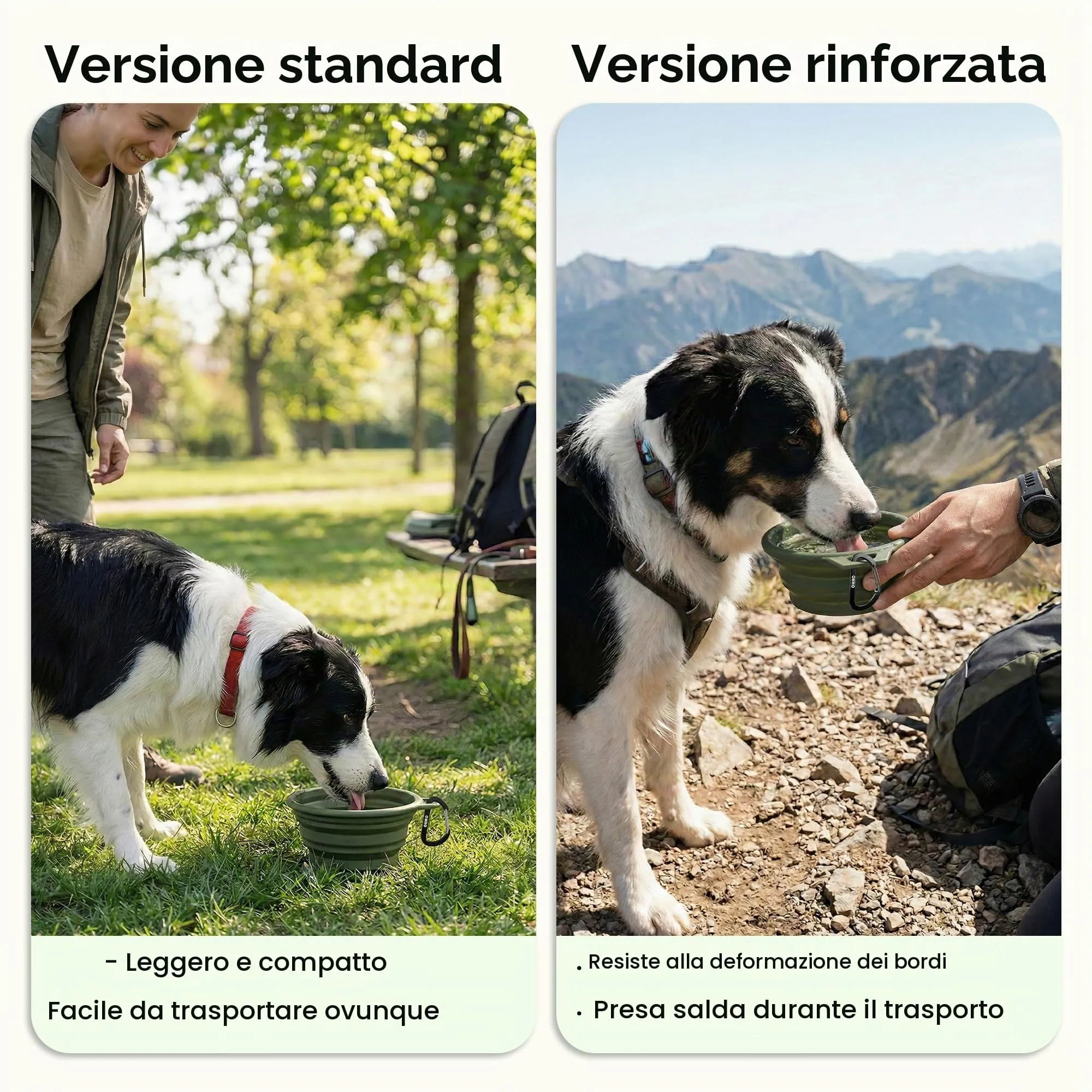 OHMO Ciotola Cane Portatile Pieghevole in Silicone e Acciaio Inox, 800ml, Verde Mimetica - immagine 4
