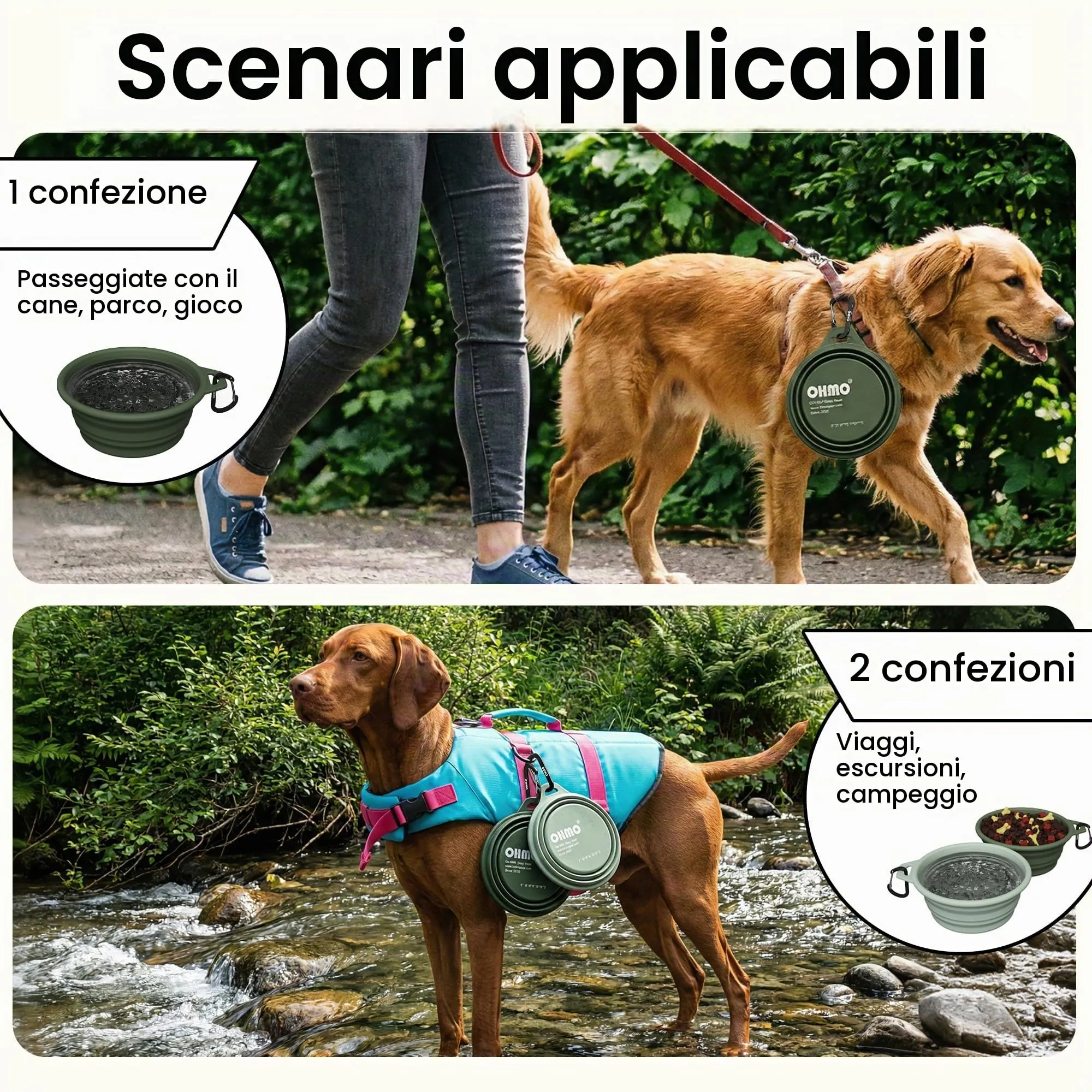OHMO Ciotola Cane Portatile Pieghevole in Silicone e Acciaio Inox, 800ml, Verde Mimetica - immagine 6