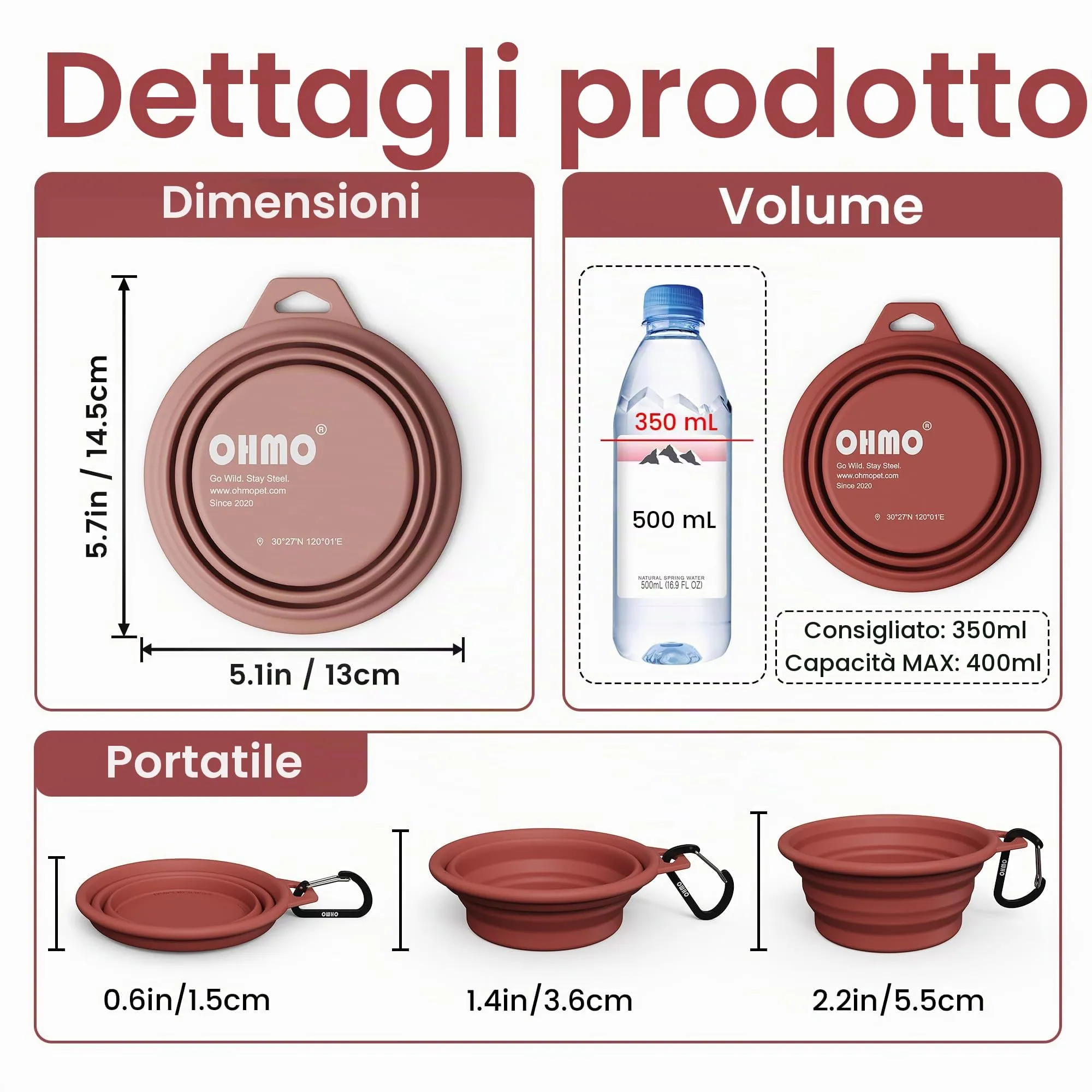 OHMO Ciotole Cane Portatili Pieghevoli in Silicone e Acciaio Inox, 400ml, 2 pz, Erythrinus+Corallo - immagine 2