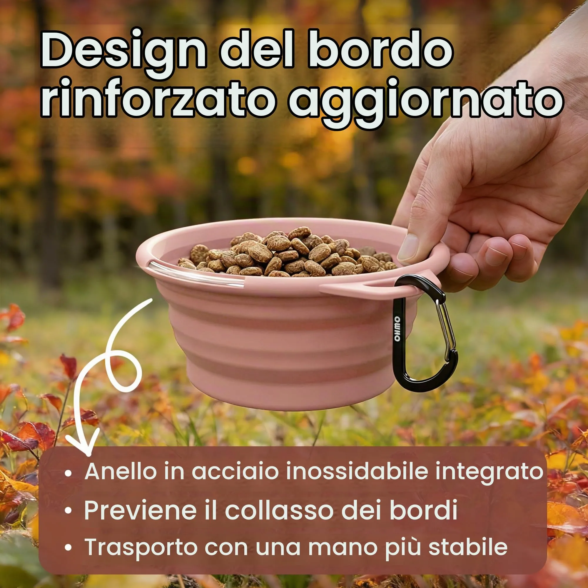 OHMO Ciotole Cane Portatili Pieghevoli in Silicone e Acciaio Inox, 400ml, 2 pz, Erythrinus+Corallo - immagine 3