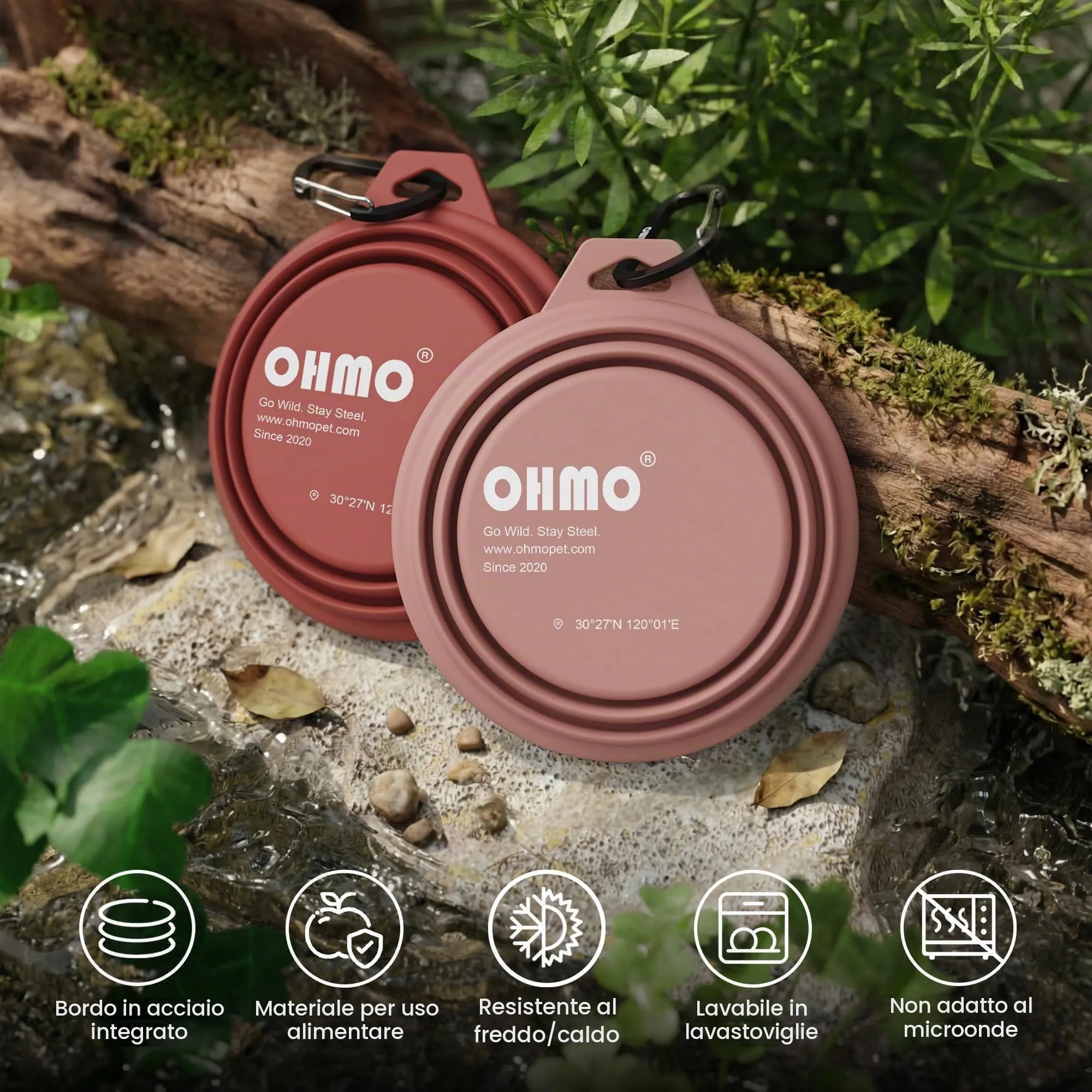 OHMO Ciotole Cane Portatili Pieghevoli in Silicone e Acciaio Inox, 400ml, 2 pz, Erythrinus+Corallo - immagine 5