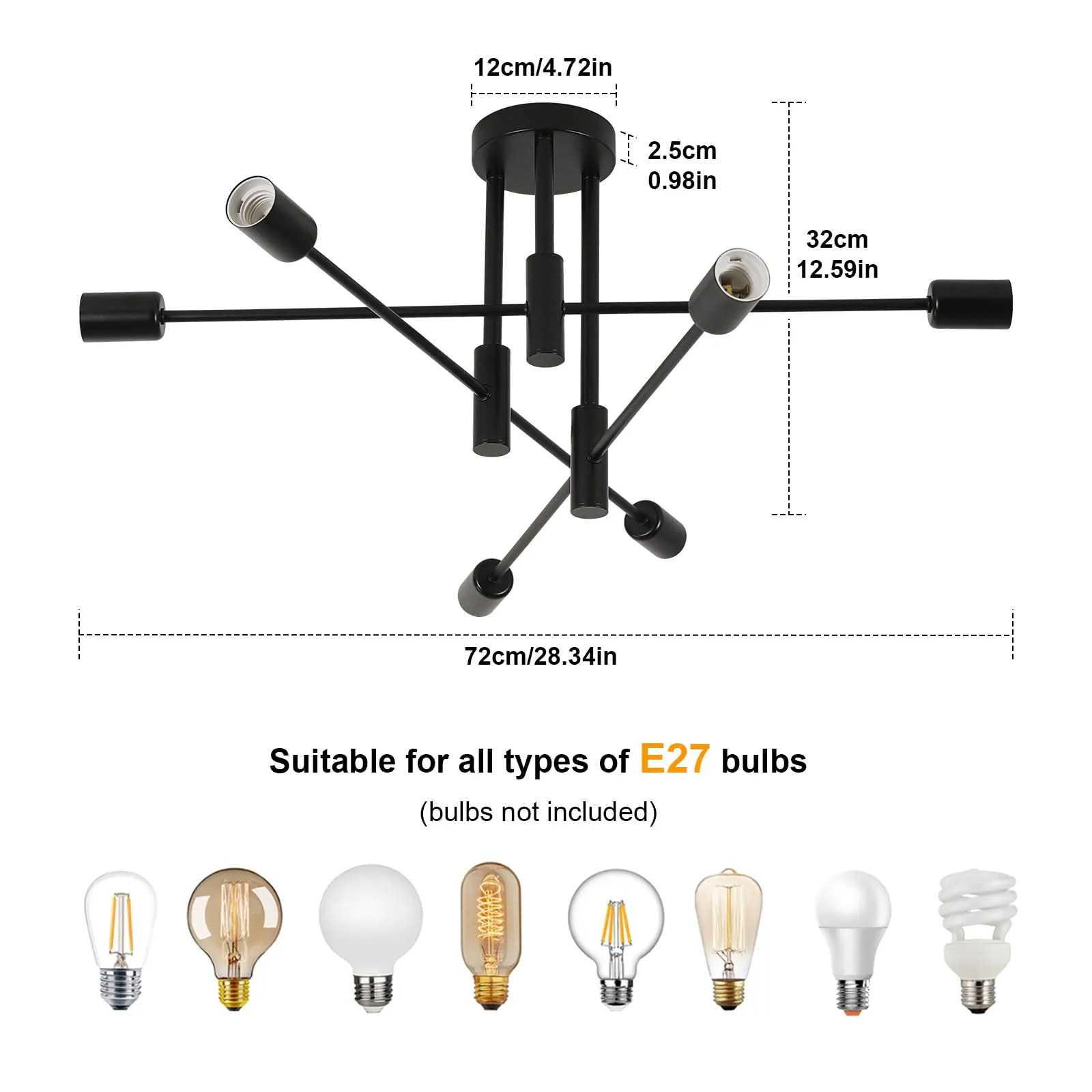 Comely Lampadario Sputnik Nero, 6 Luci Plafoniera Soffitto Vintage E27 - immagine 4