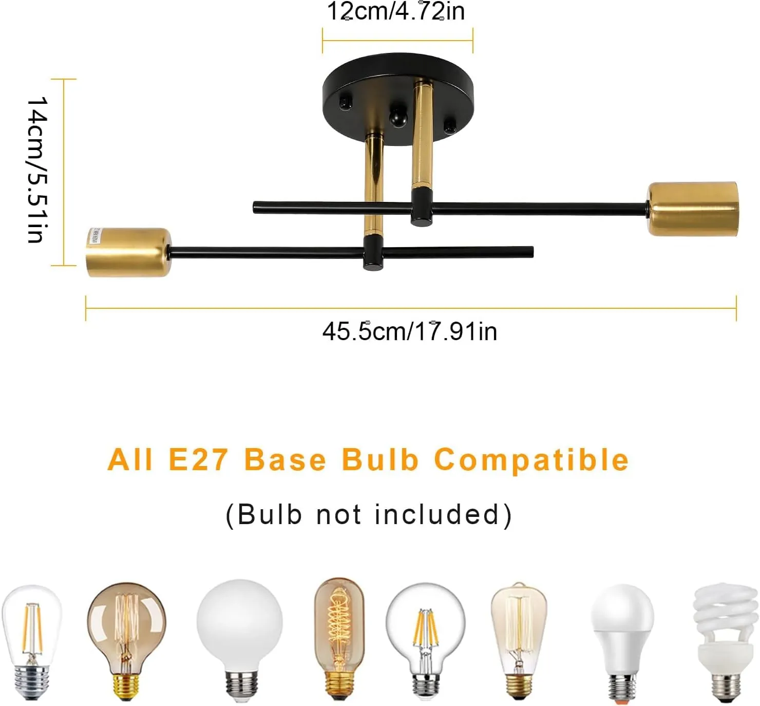 Comely Lampadario Soffitto Industriale Sputnik E27, 2 Luci, Nero e Oro - immagine 4