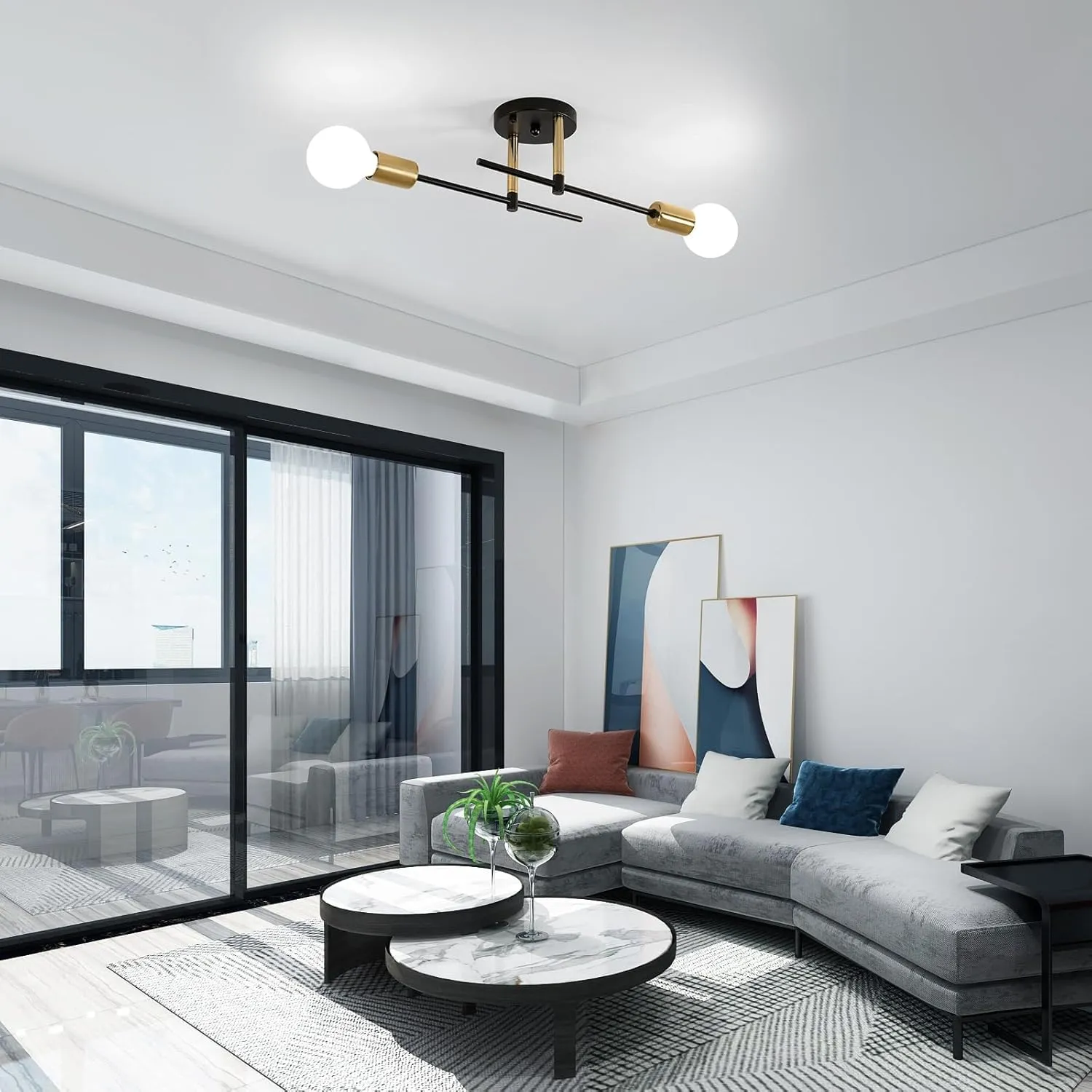 Comely Lampadario Soffitto Industriale Sputnik E27, 2 Luci, Nero e Oro - immagine 8