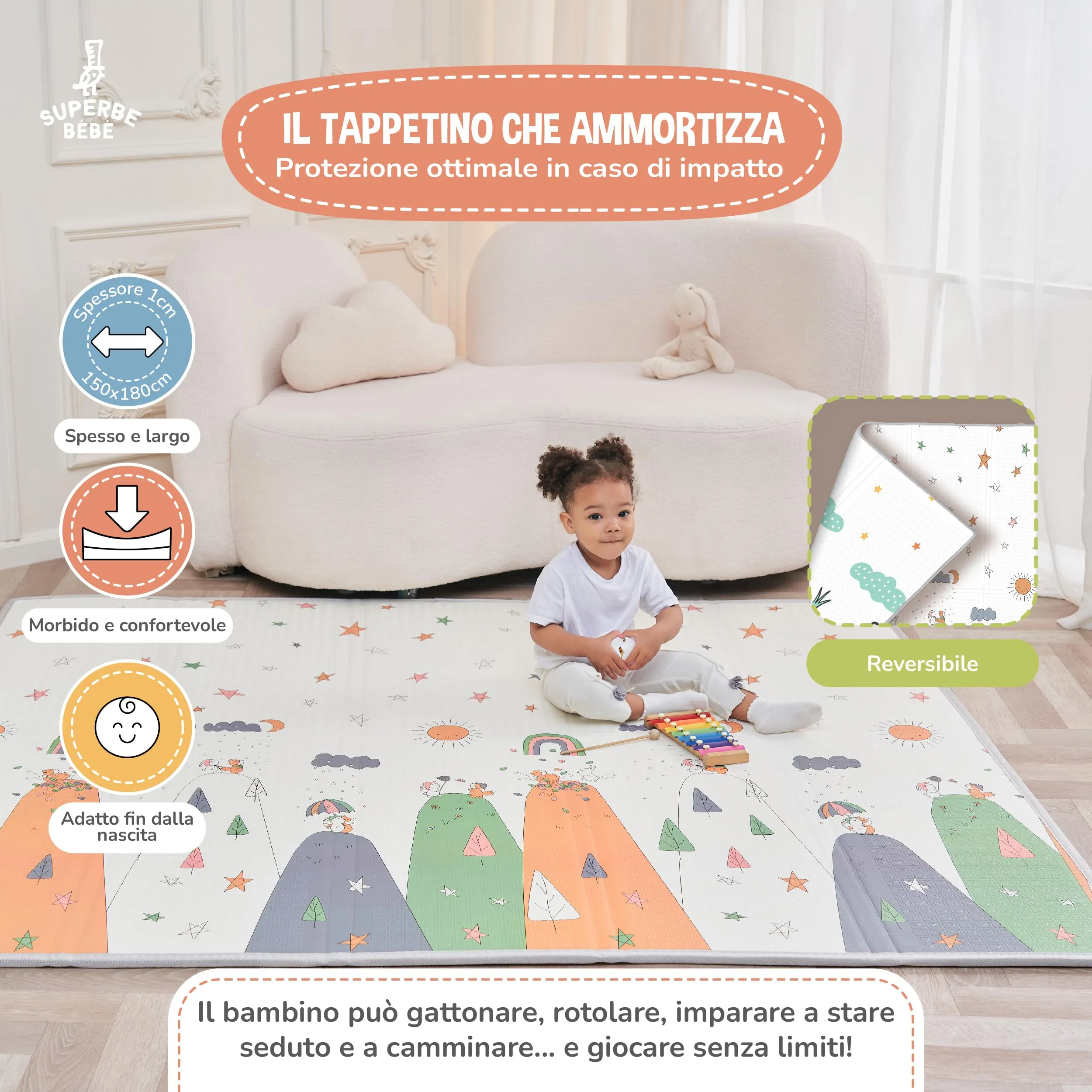 SUPERBE BEBE Tappeto Gioco Bambini Pieghevole Montessori 150x180x1cm Reversibile in Schiuma - immagine 2