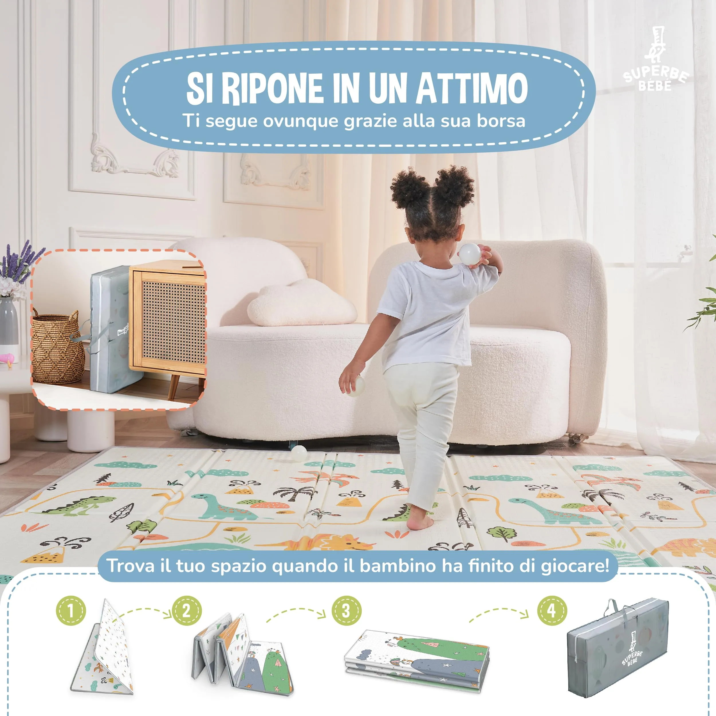 SUPERBE BEBE Tappeto Gioco Bambini Pieghevole Montessori 150x180x1cm Reversibile in Schiuma - immagine 3